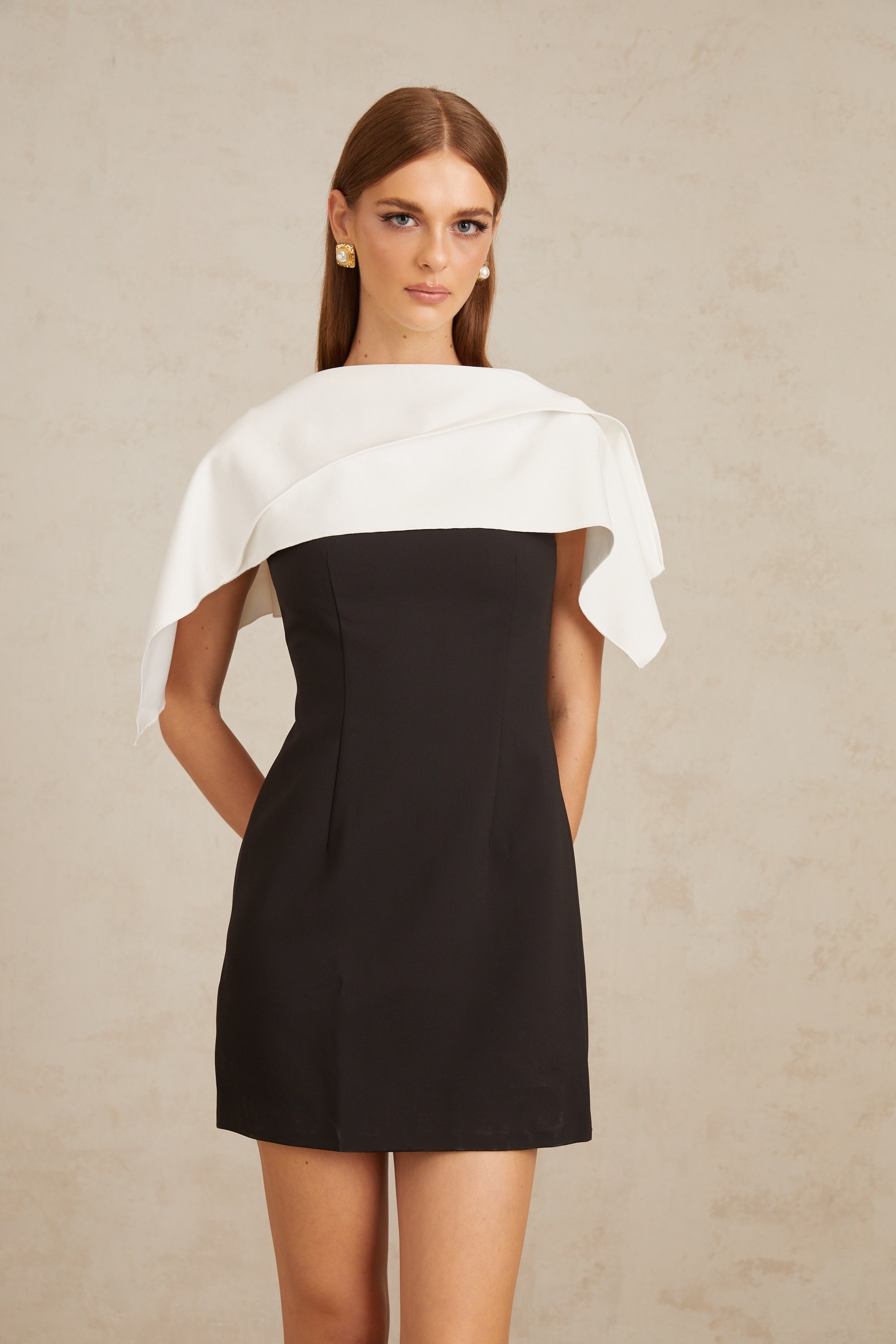 Constance Black A-Line Mini Dress with Cape Detail