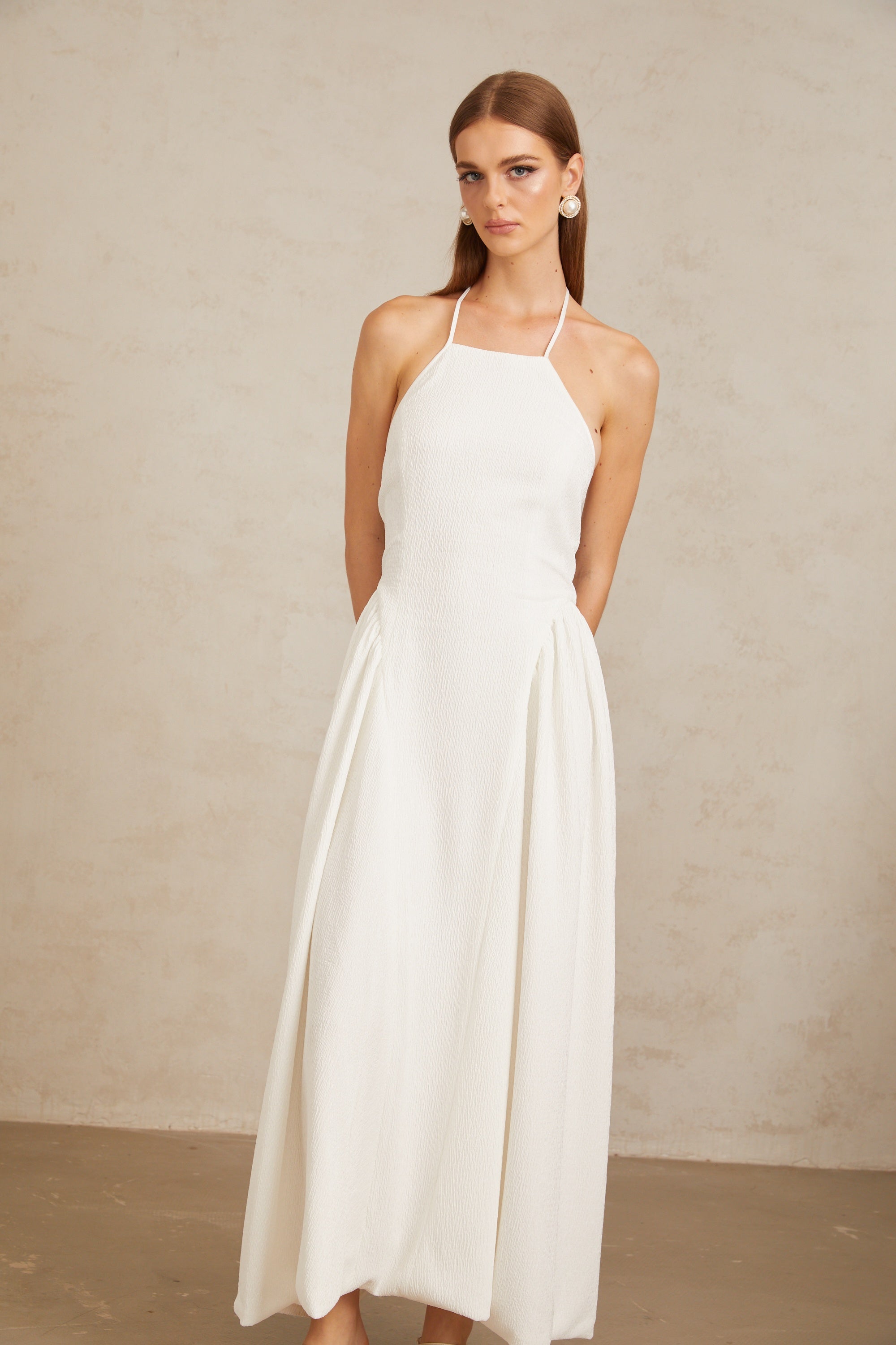 Aurore White Halterneck Textured Maxi Dress