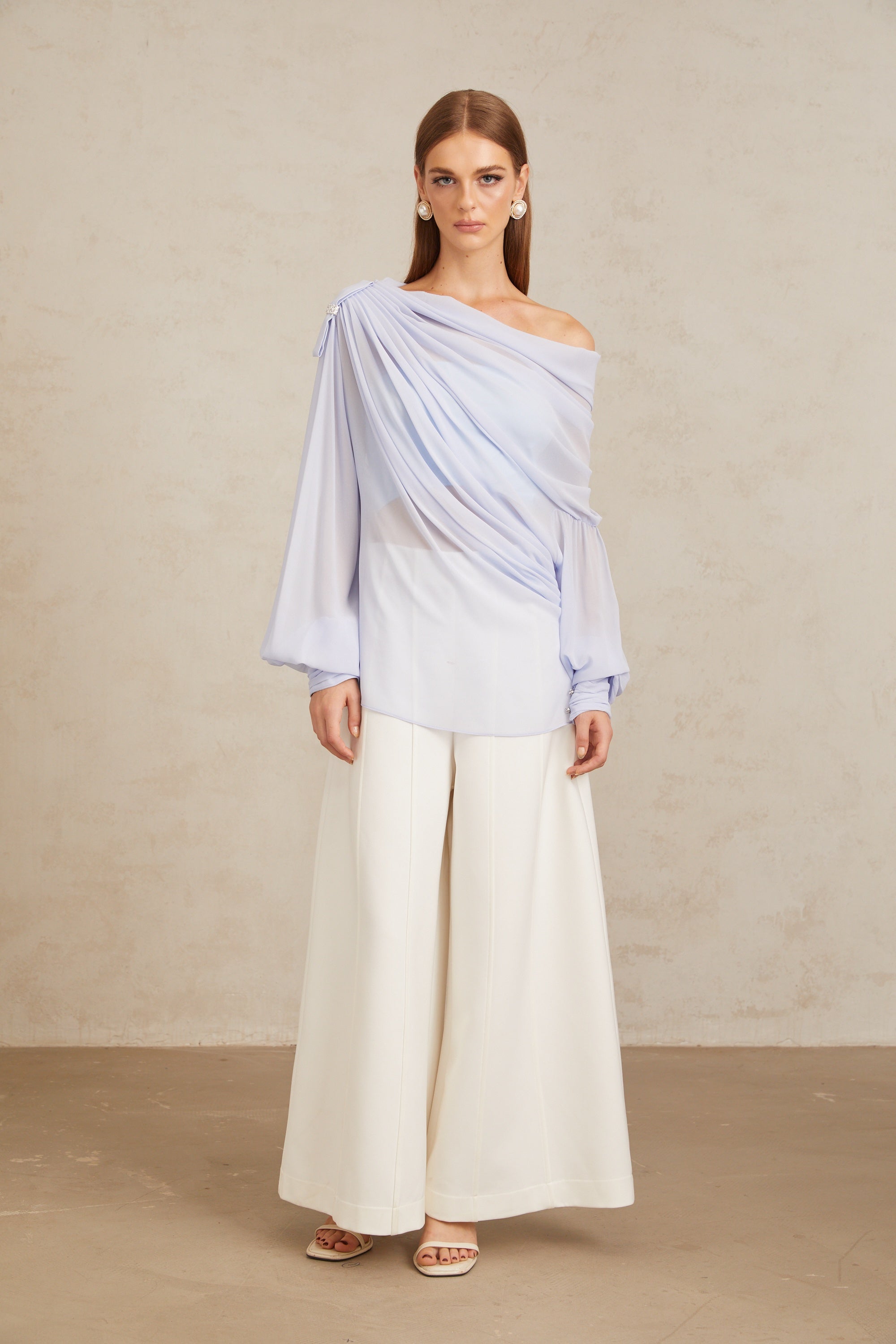 Léonie Blue Crystal Embellished Bowknot Chiffon Blouse