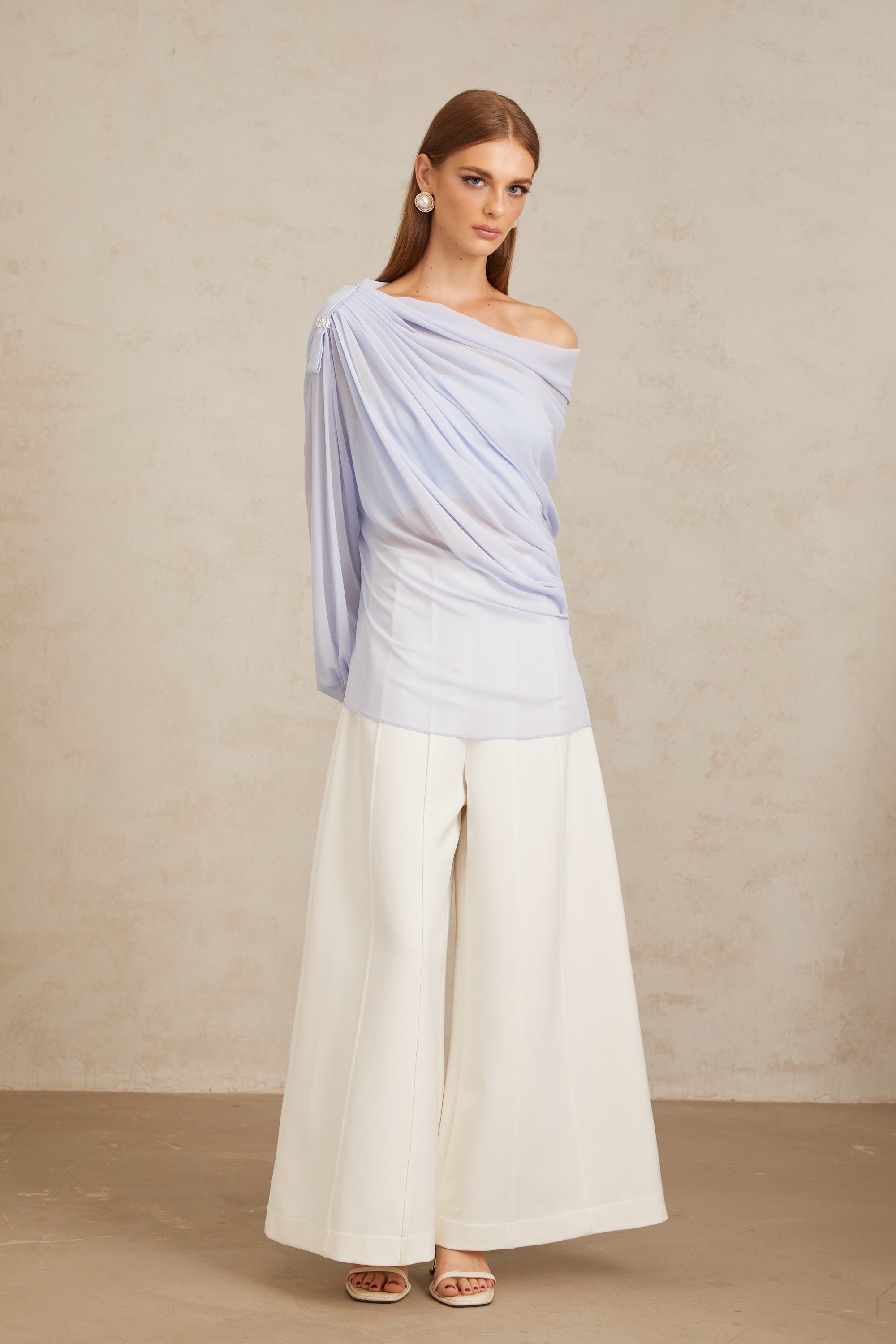Léonie Blue Crystal Embellished Bowknot Chiffon Blouse
