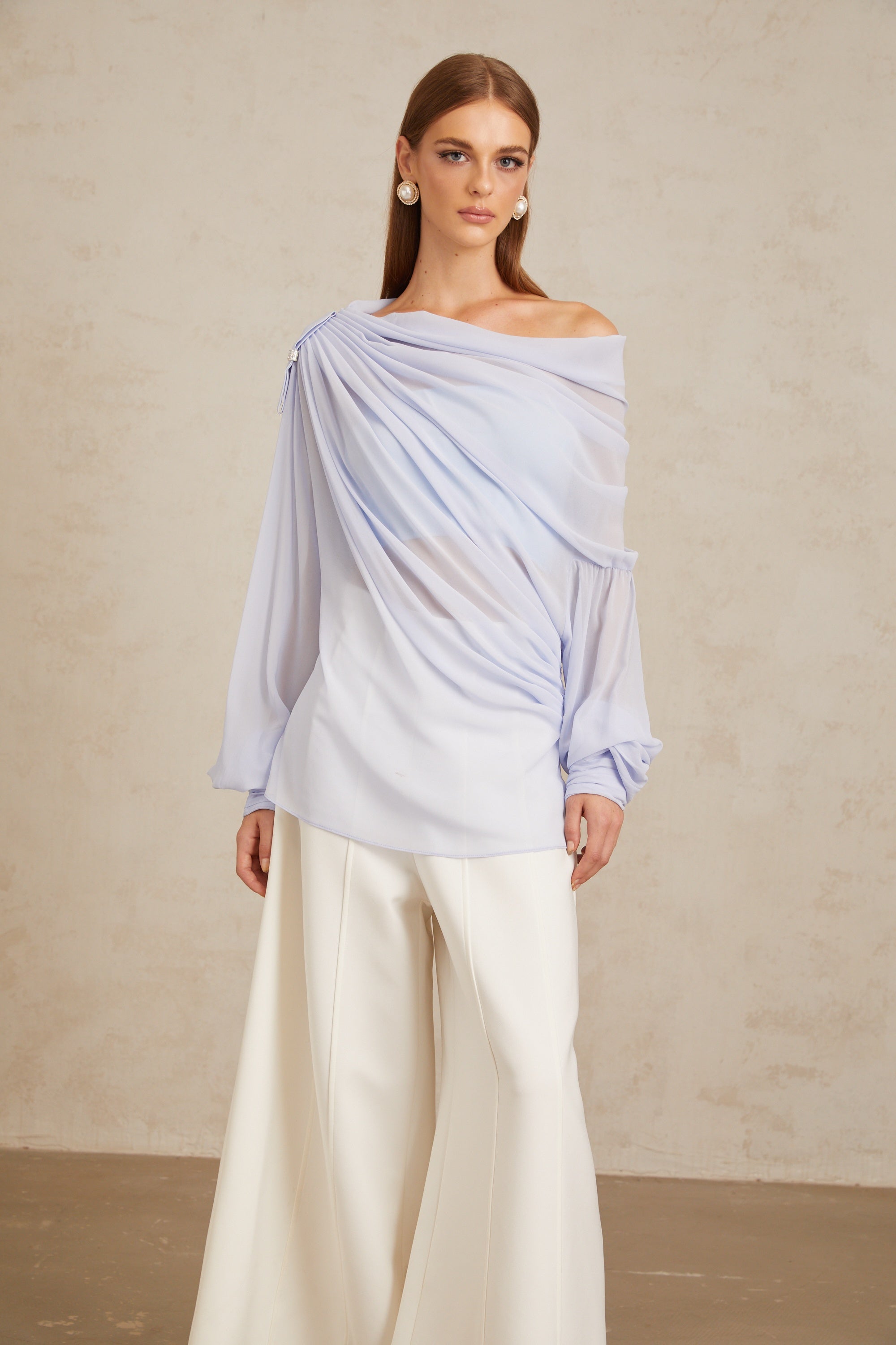 Léonie Blue Crystal Embellished Bowknot Chiffon Blouse