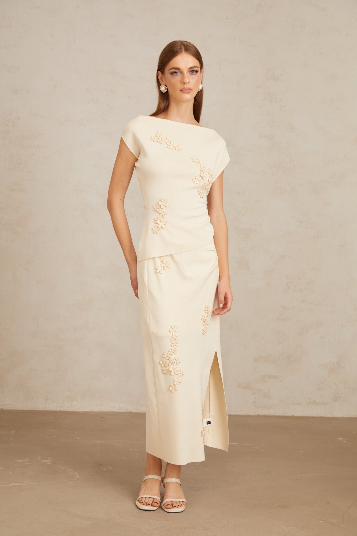 Étienne Neutral Floral Appliqué Knit Top & Skirt Set