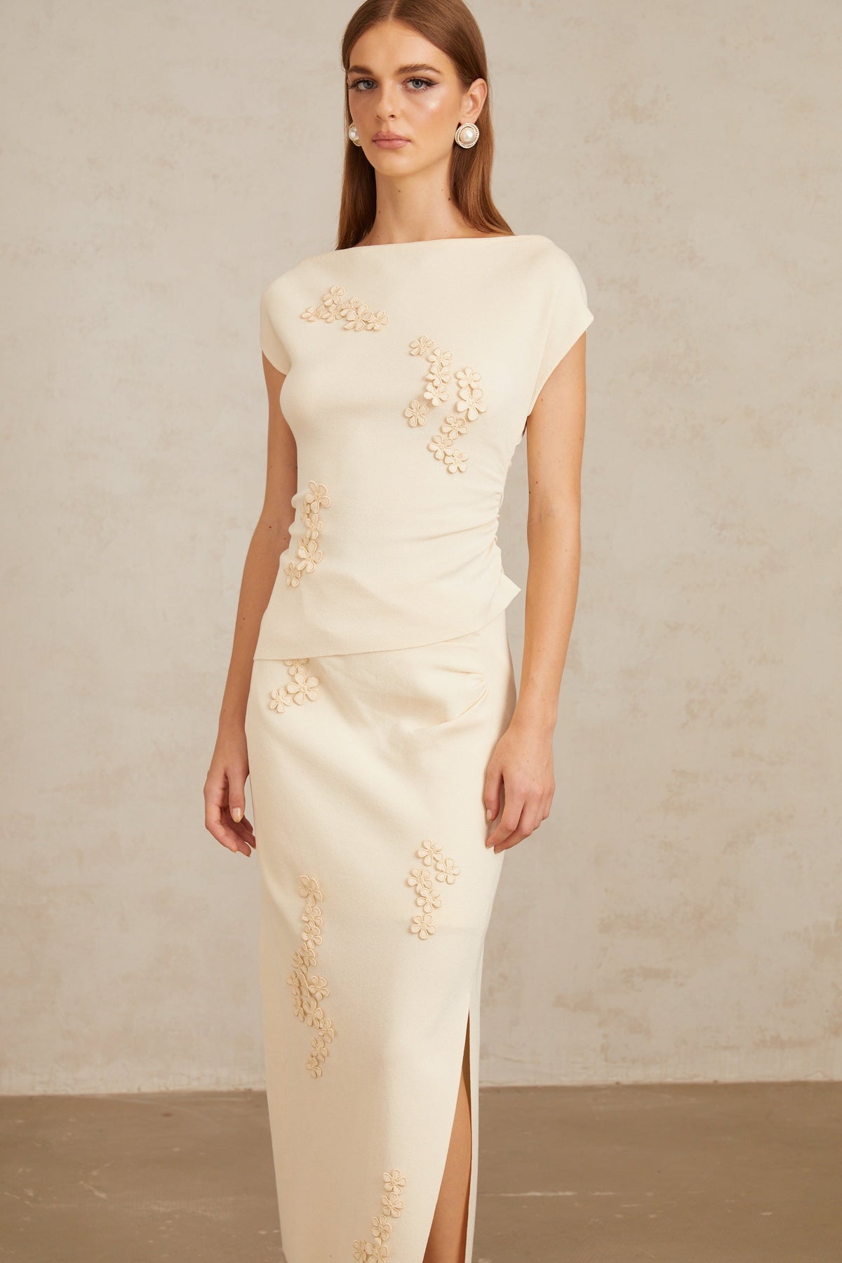 Étienne Neutral Floral Appliqué Knit Top & Skirt Set