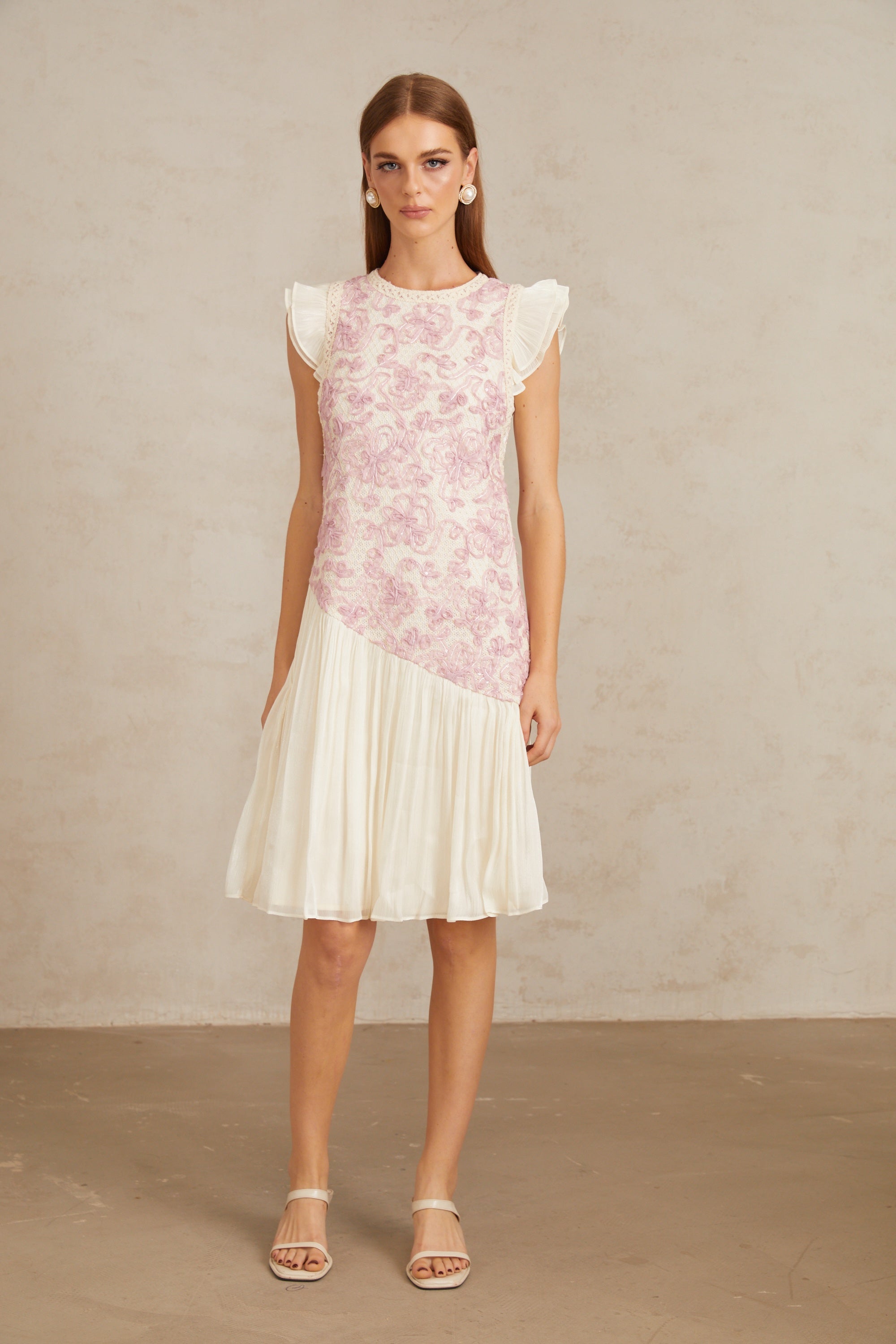 Charitina Pink Panel Floral Crochet Midi Dress