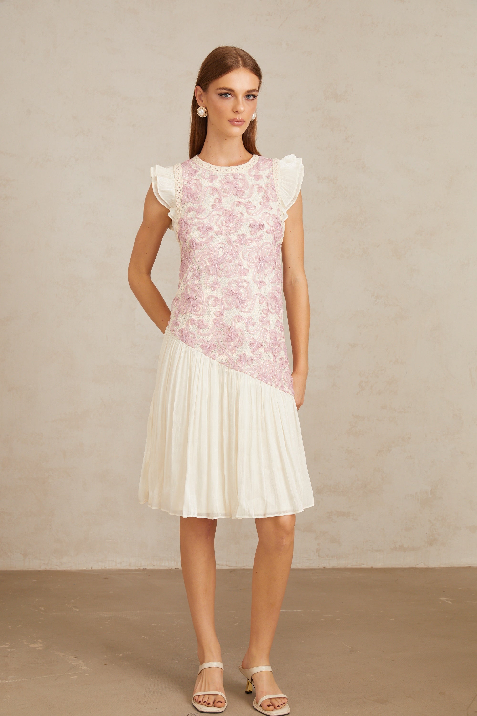 Charitina Pink Panel Floral Crochet Midi Dress