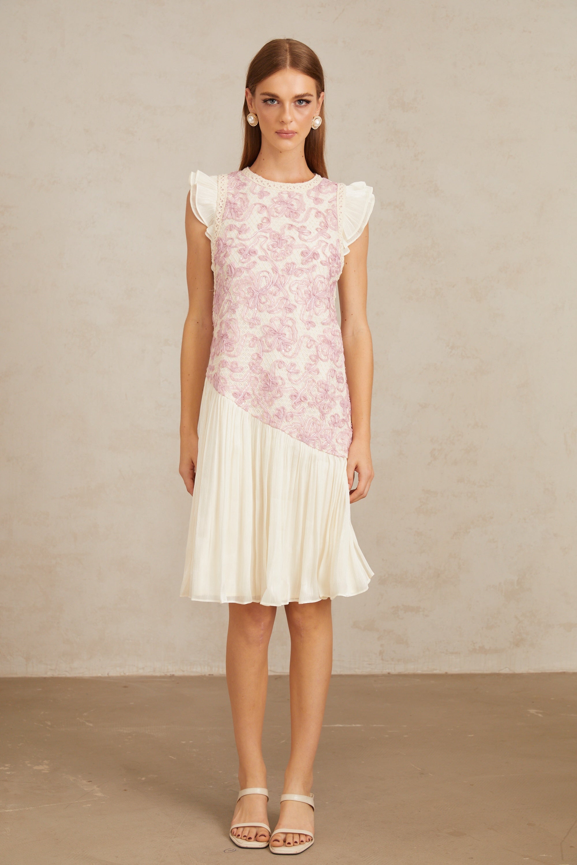 Charitina Pink Panel Floral Crochet Midi Dress