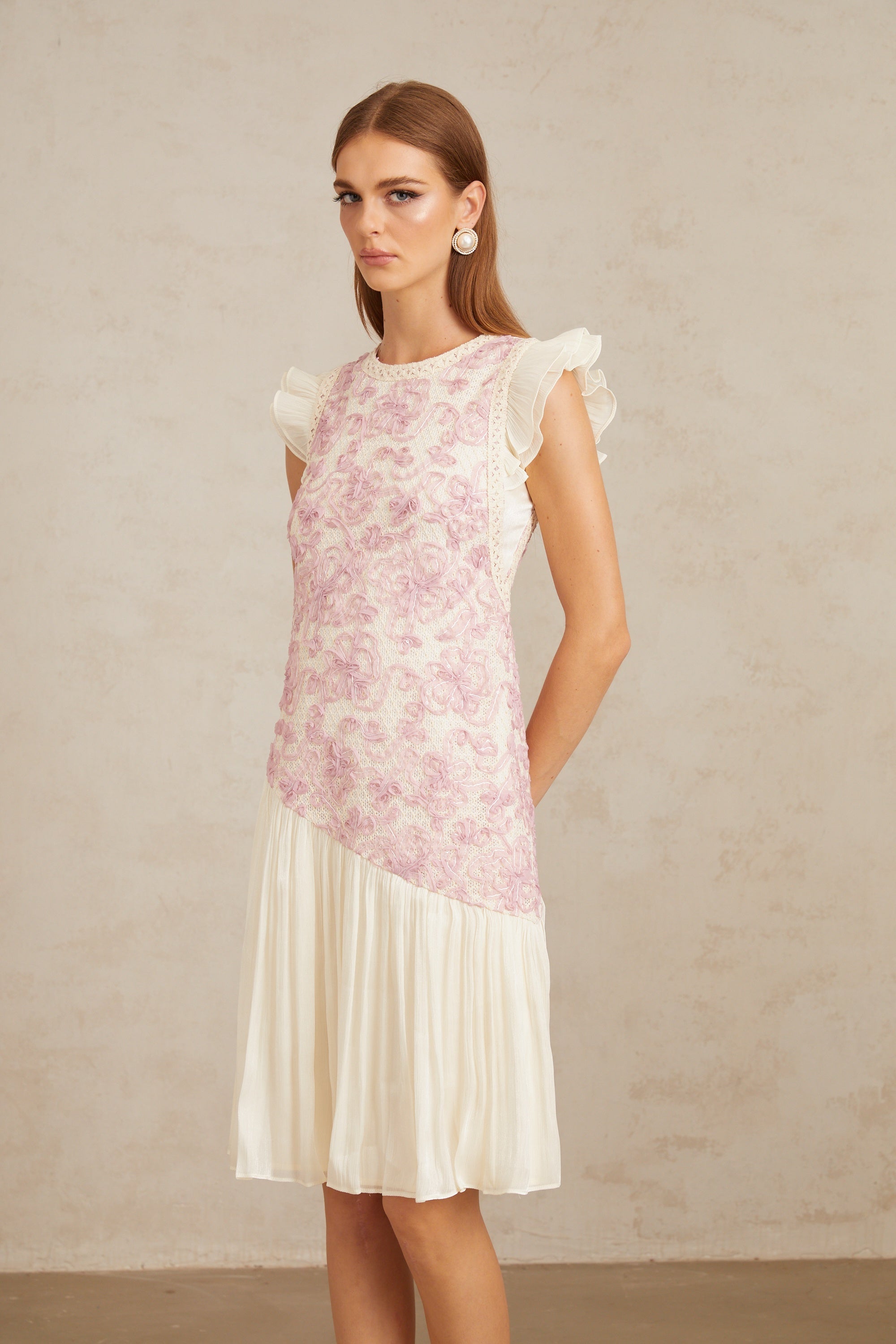 Charitina Pink Panel Floral Crochet Midi Dress