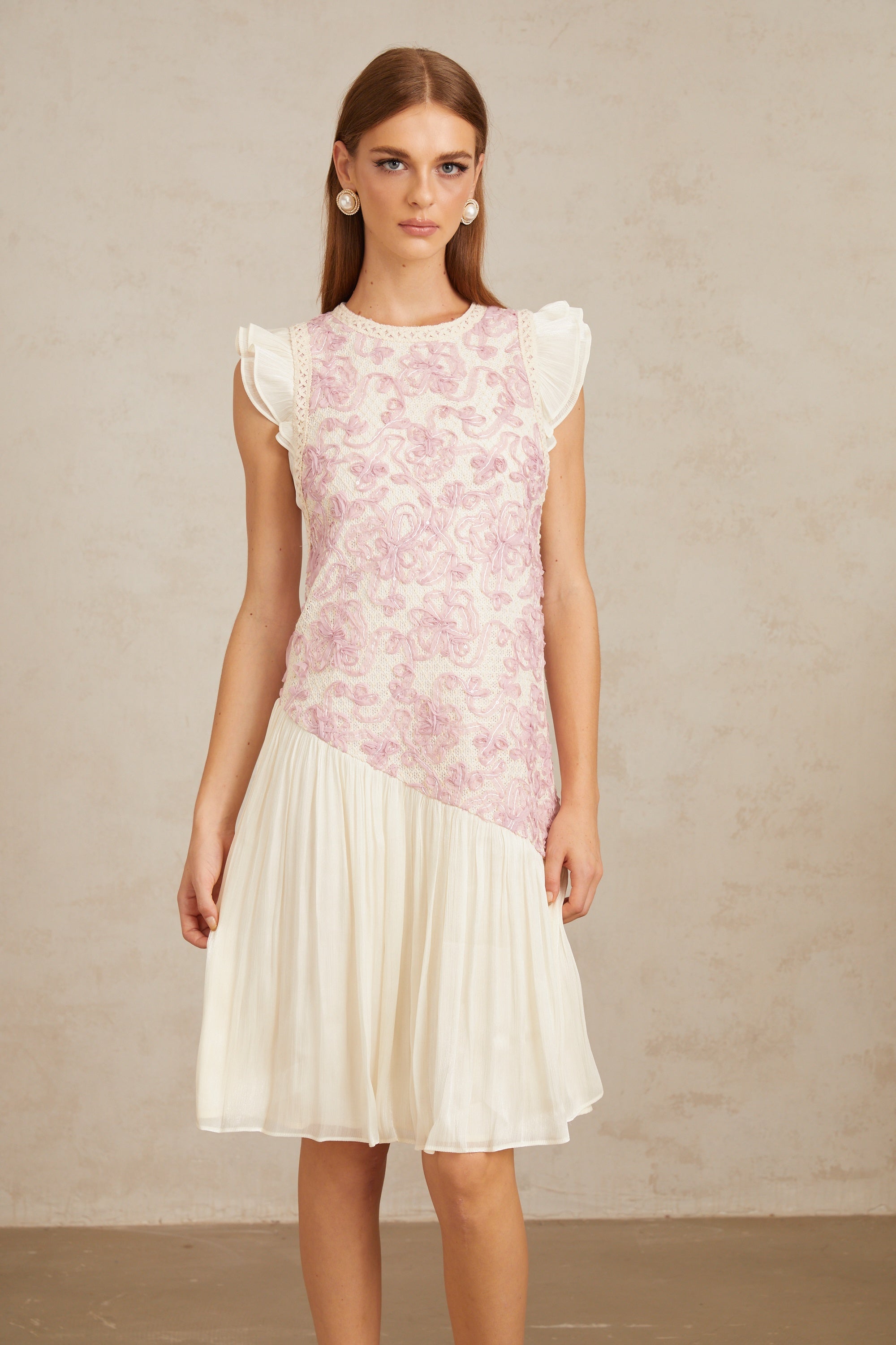 Charitina Pink Panel Floral Crochet Midi Dress