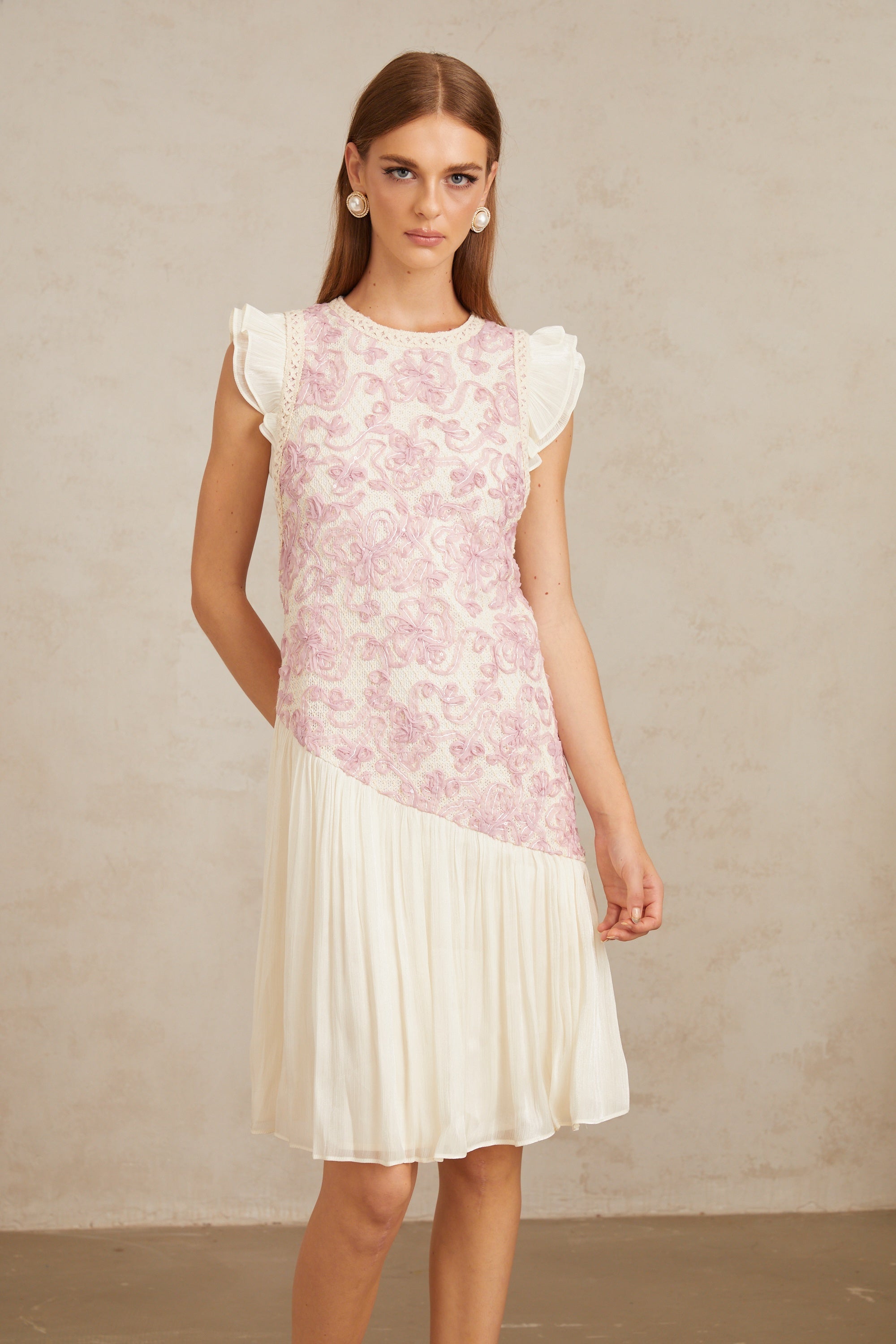 Charitina Pink Panel Floral Crochet Midi Dress
