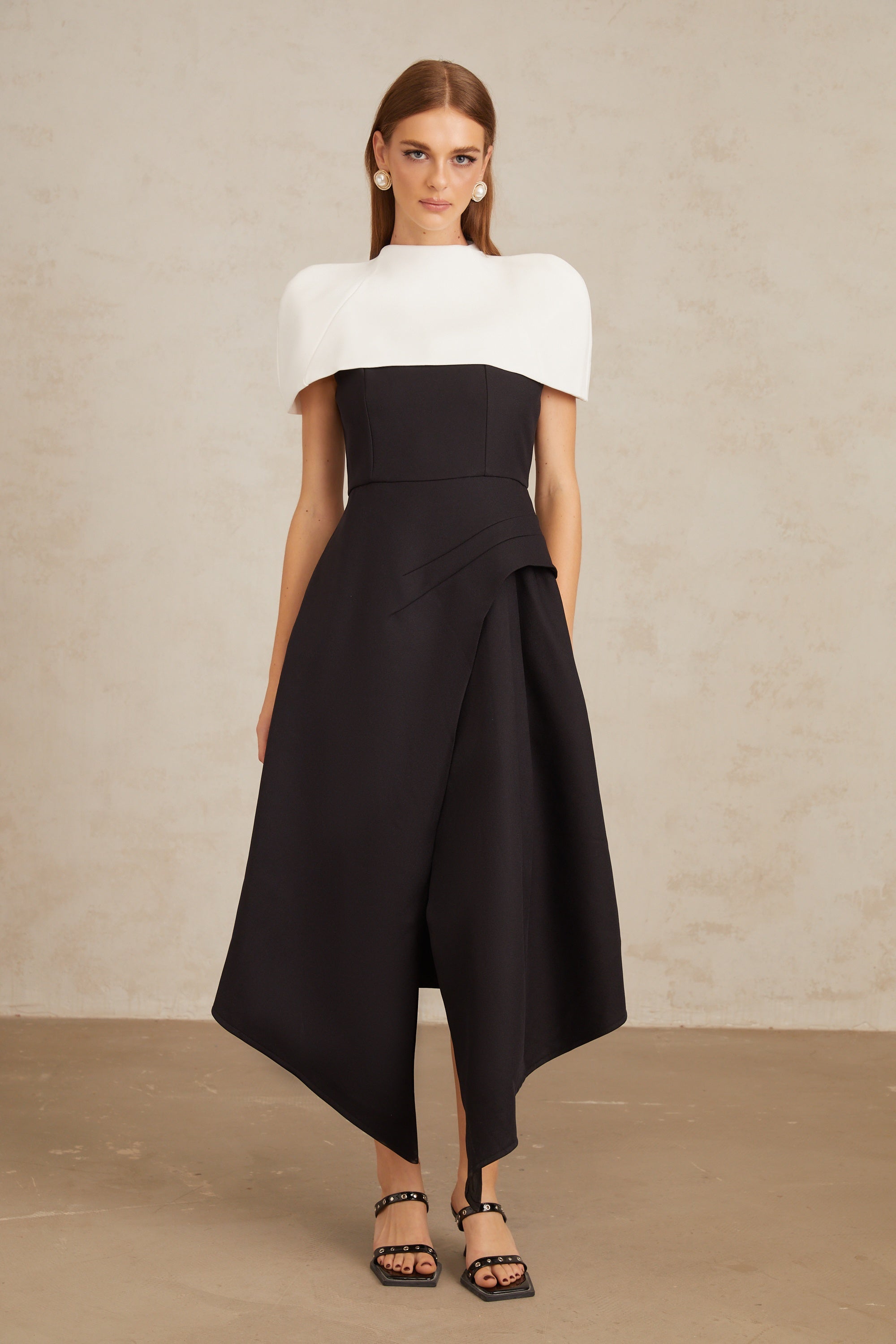 Fabienne Color Block Midi Dress with Shawl Detail