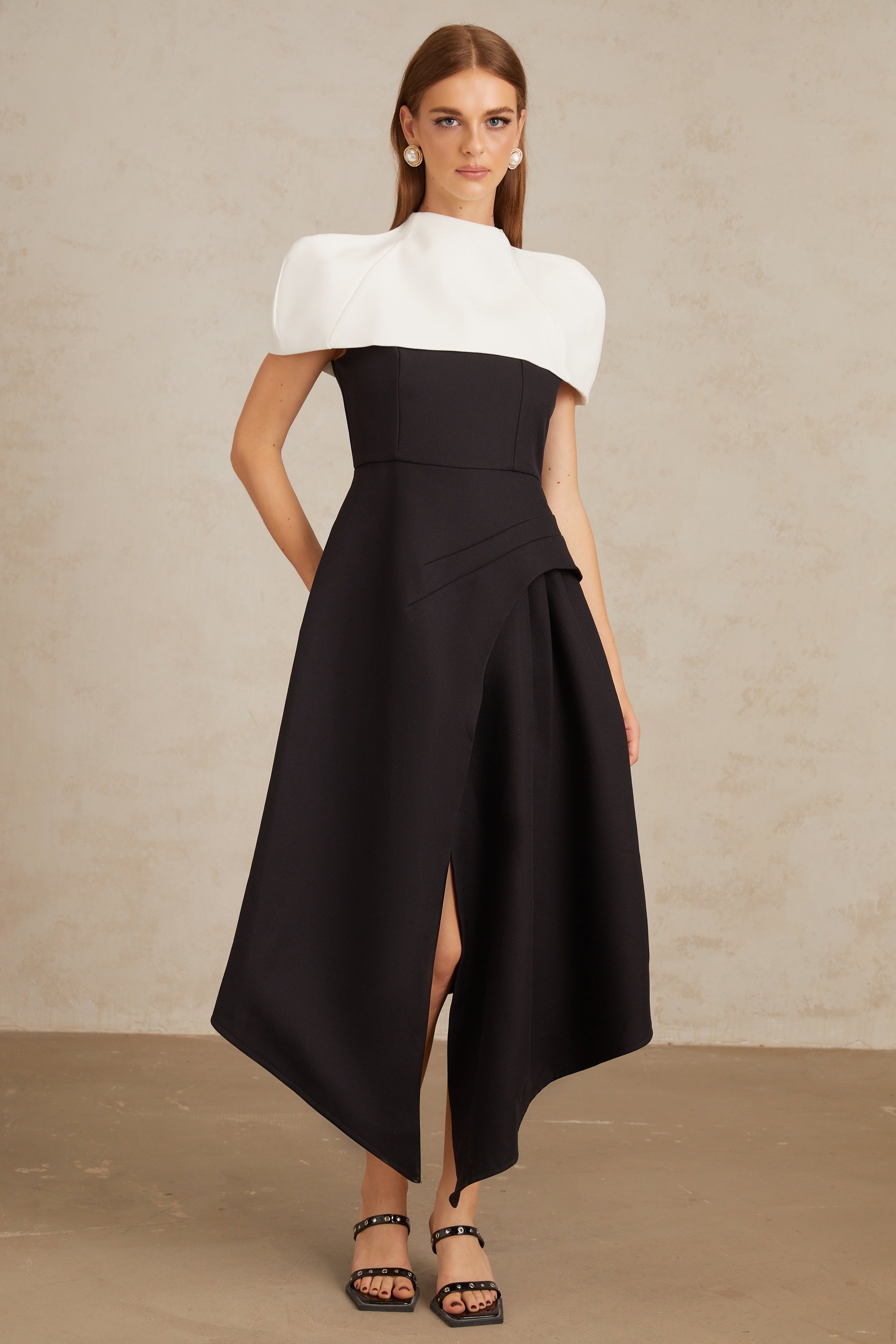 Fabienne Color Block Midi Dress with Shawl Detail