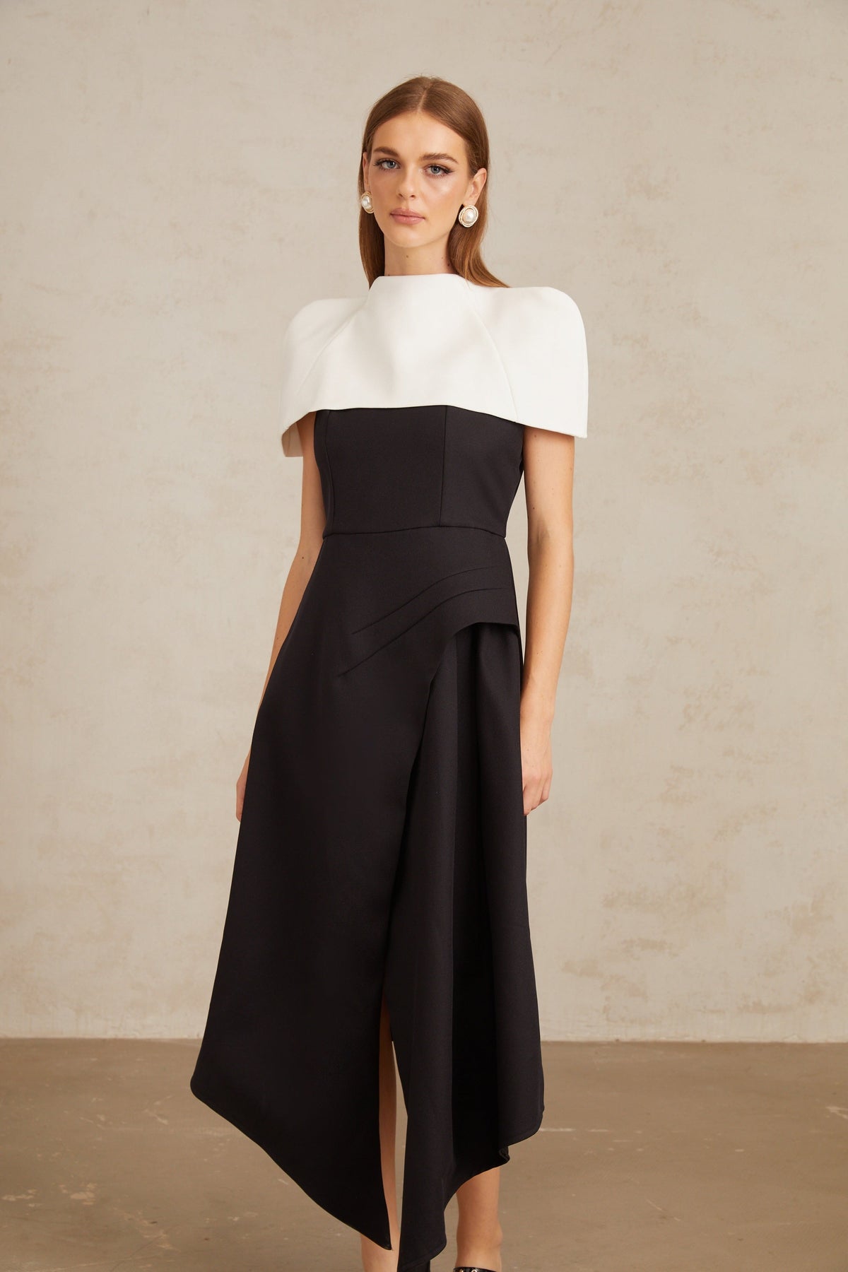 Fabienne Color Block Midi Dress with Shawl Detail