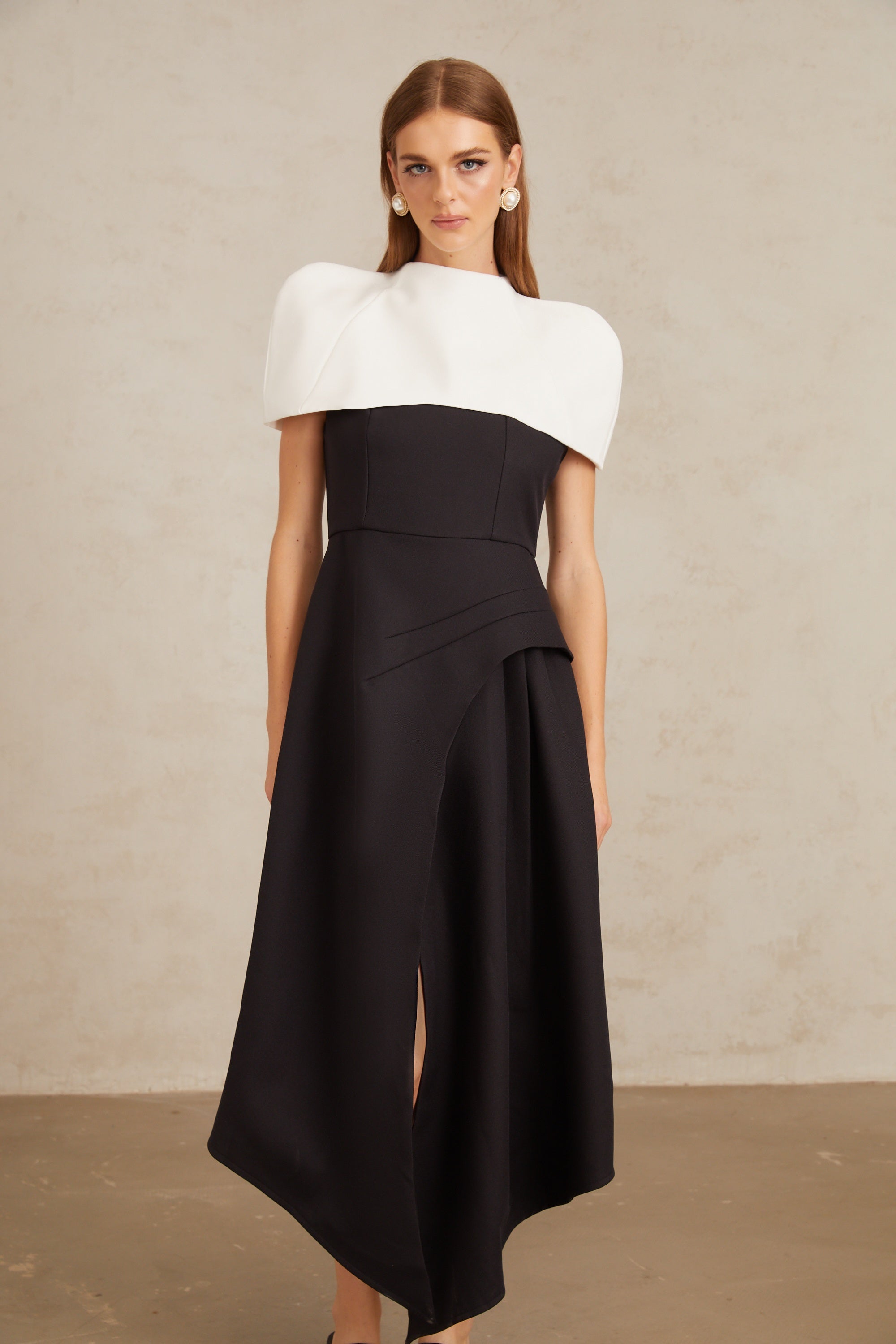Fabienne Color Block Midi Dress with Shawl Detail