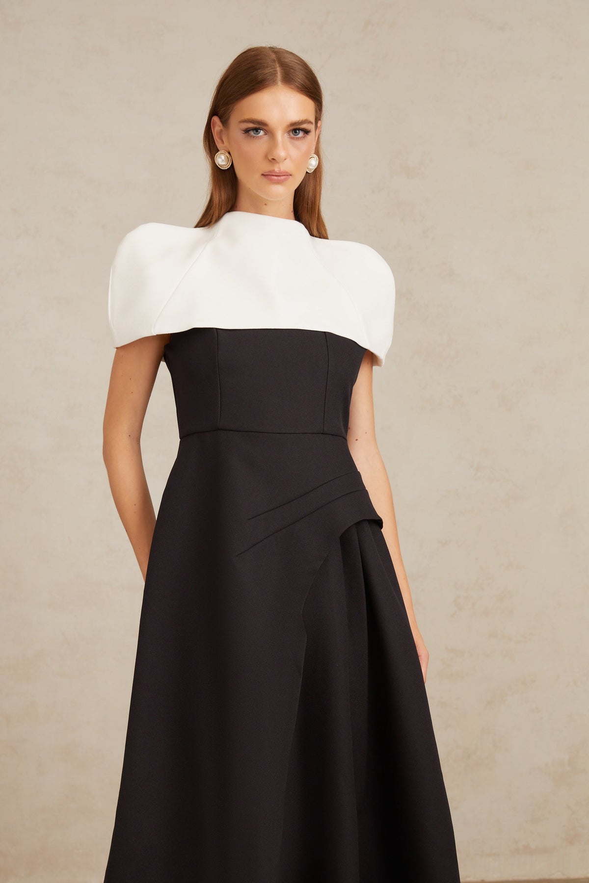 Fabienne Color Block Midi Dress with Shawl Detail