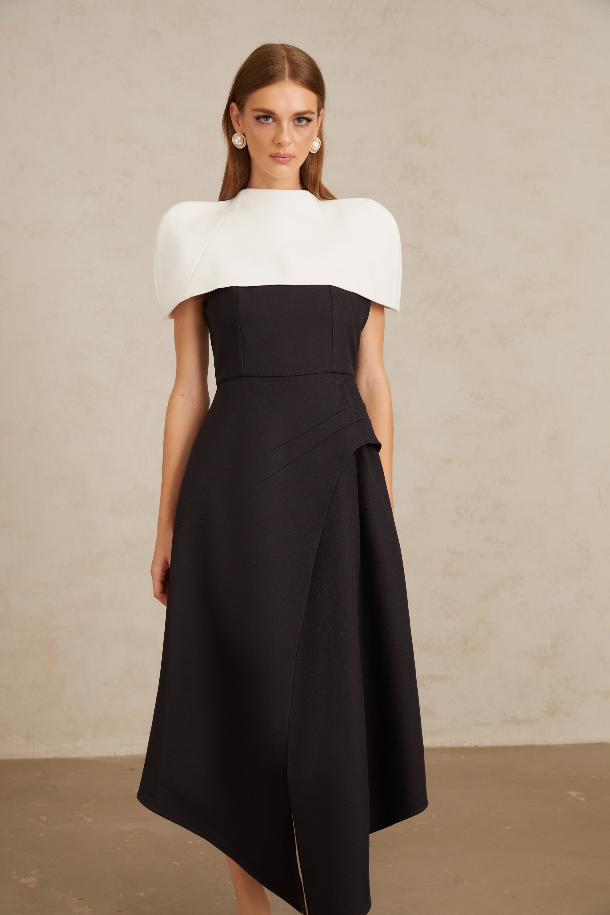 Fabienne Color Block Midi Dress with Shawl Detail