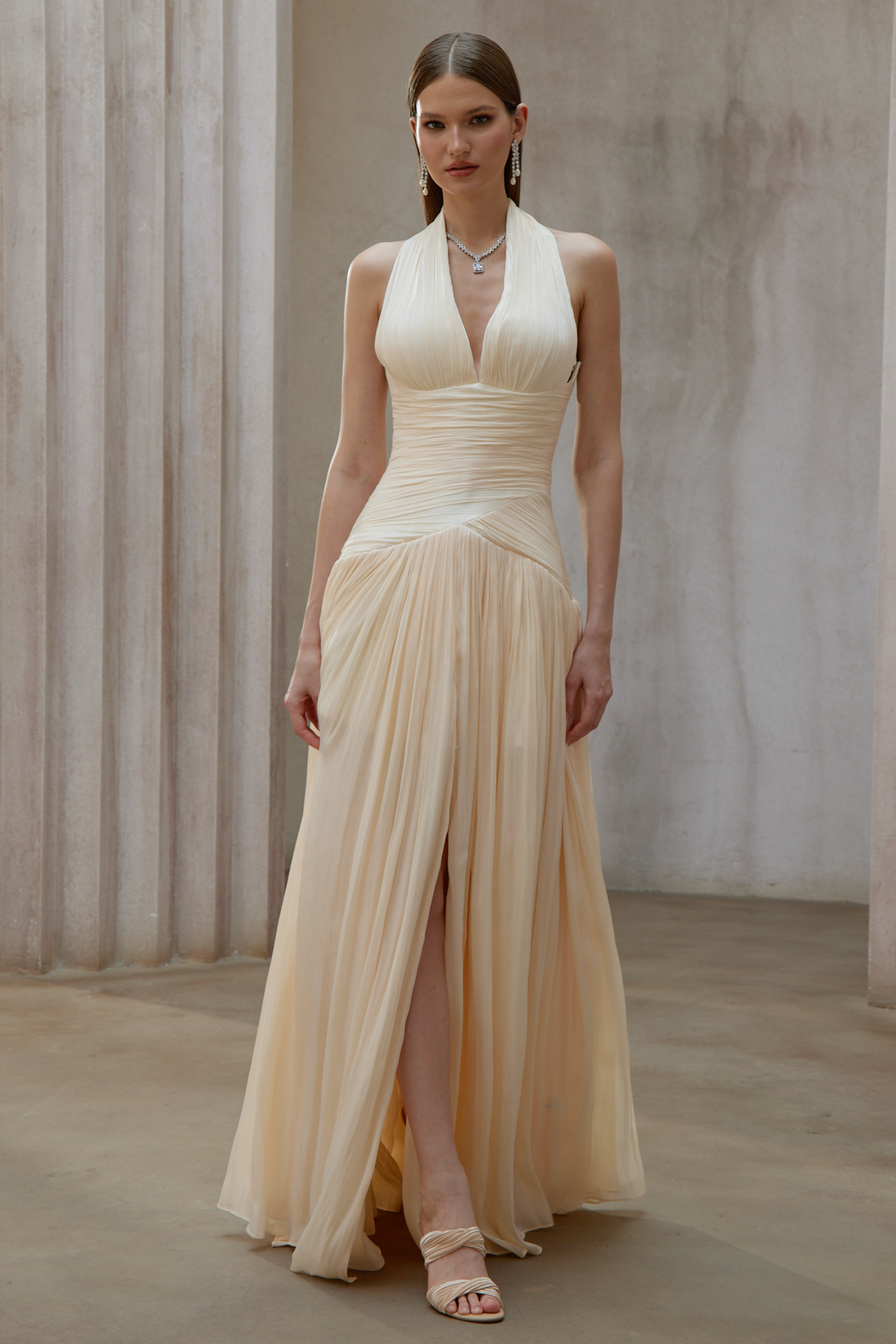uranie neutral gathered maxi dress