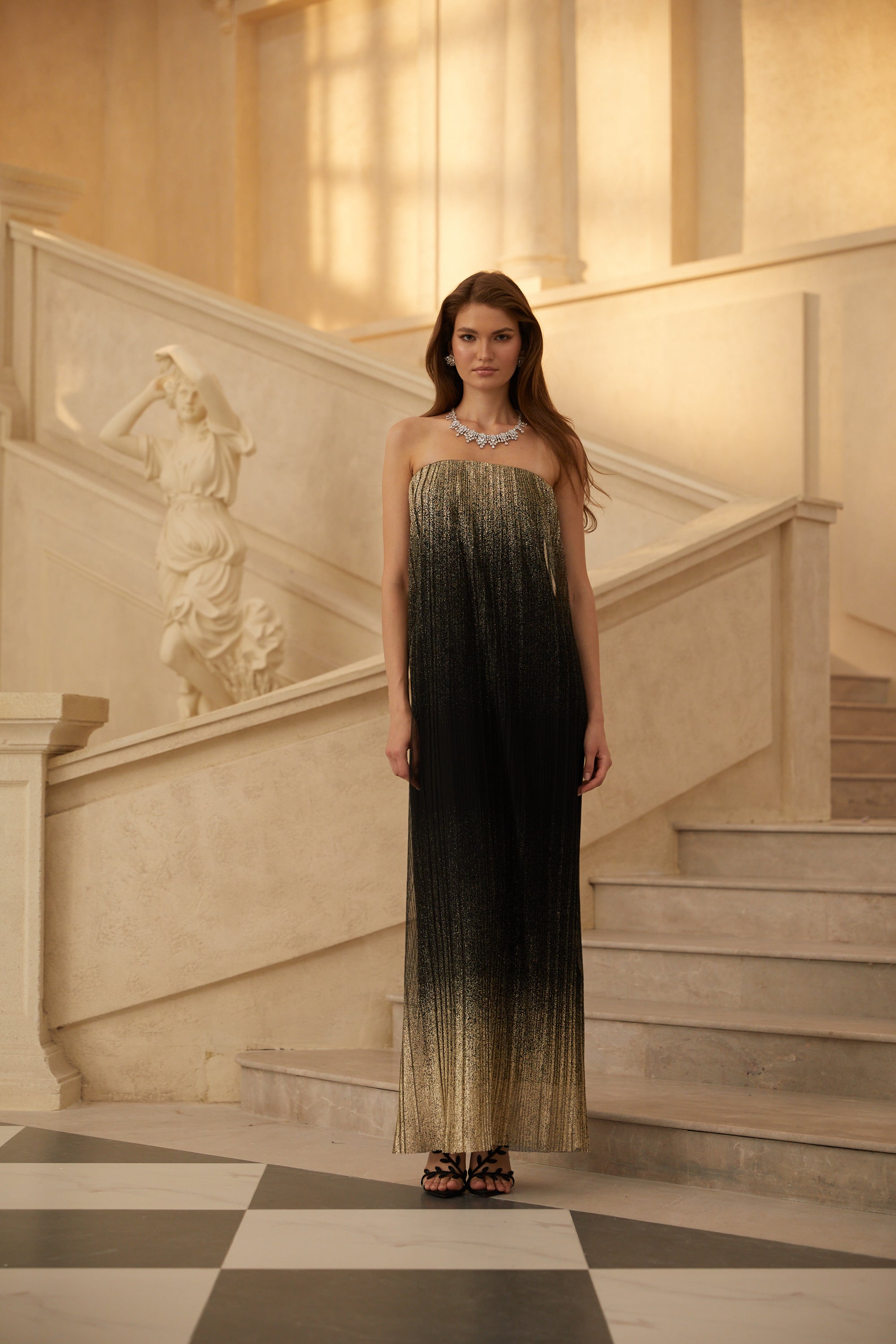 Ysaline Black Glittered Pleated Tulle Maxi Dress