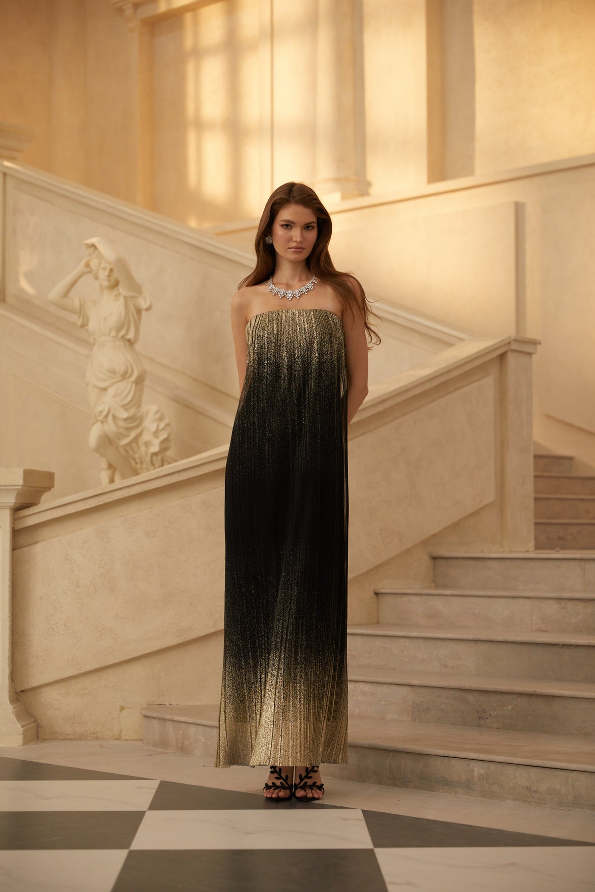 Ysaline Black Glittered Pleated Tulle Maxi Dress