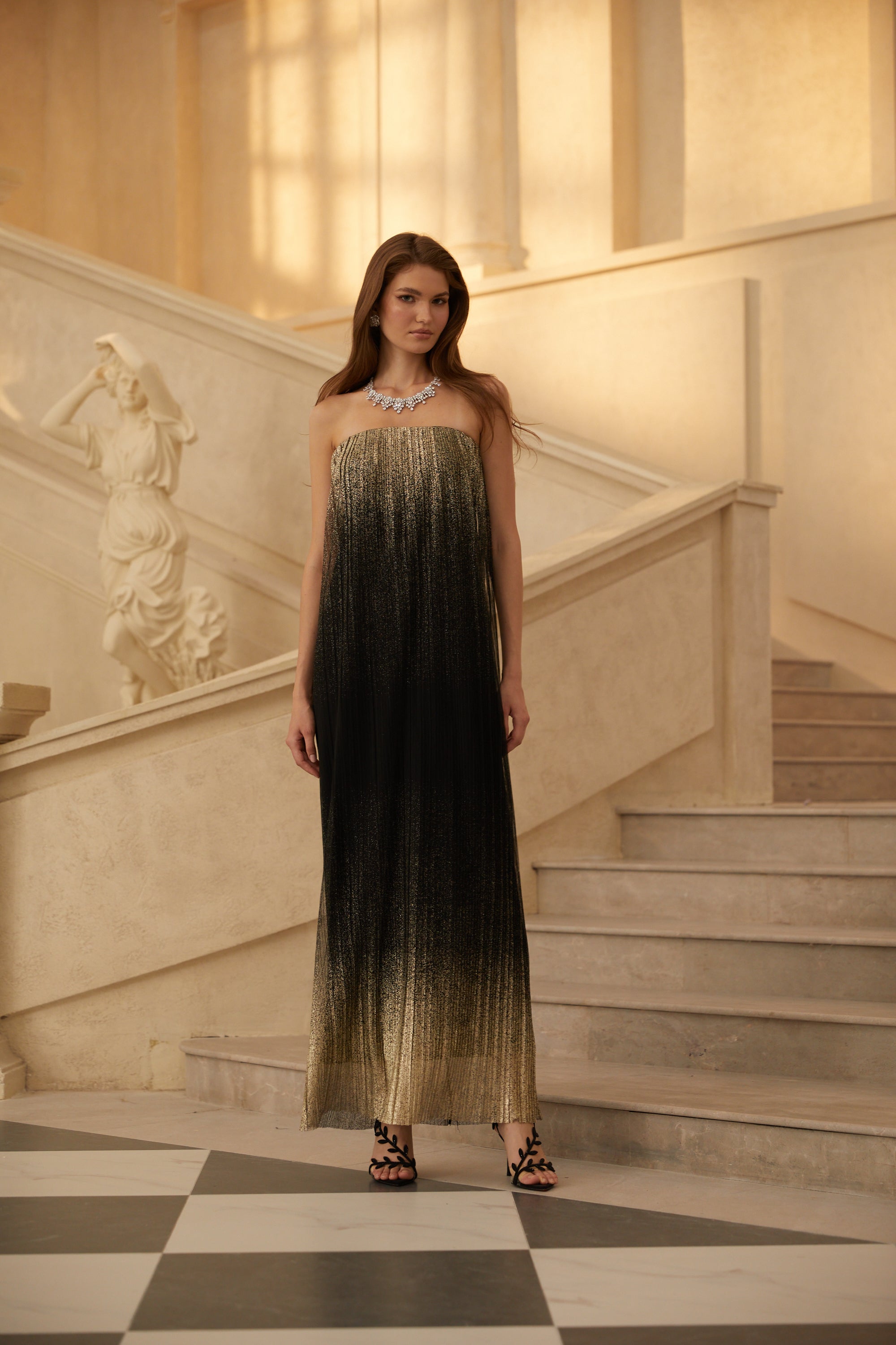 Ysaline Black Glittered Pleated Tulle Maxi Dress