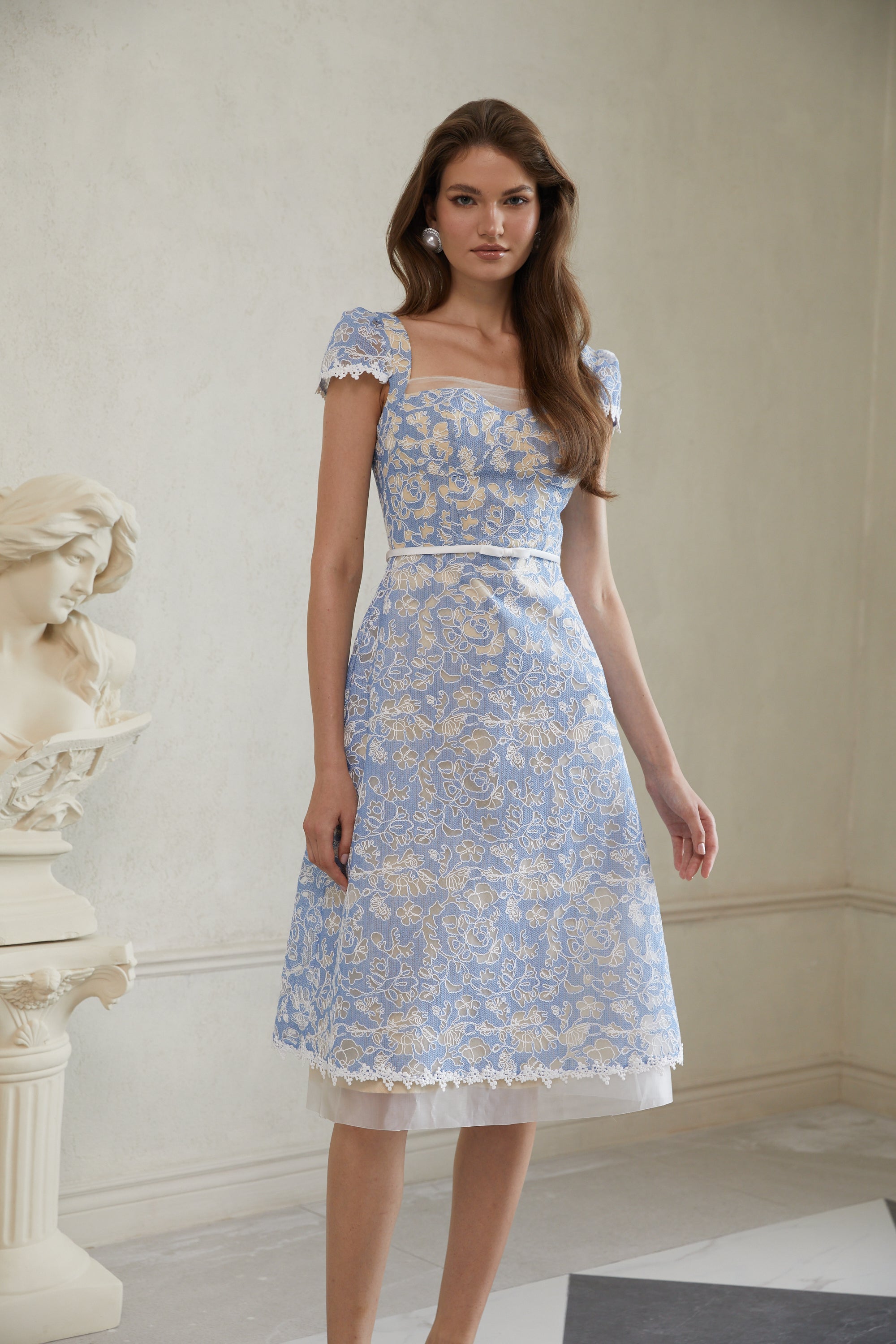 Gaëlle Blue Floral Embroidered Midi Dress (Final Sale-US Only)