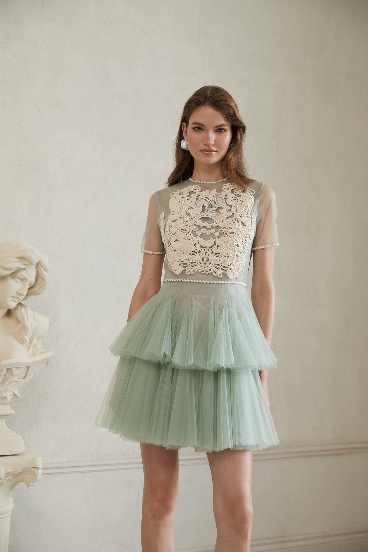 Aikaterini Green Floral Braided Tulle Mini Dress