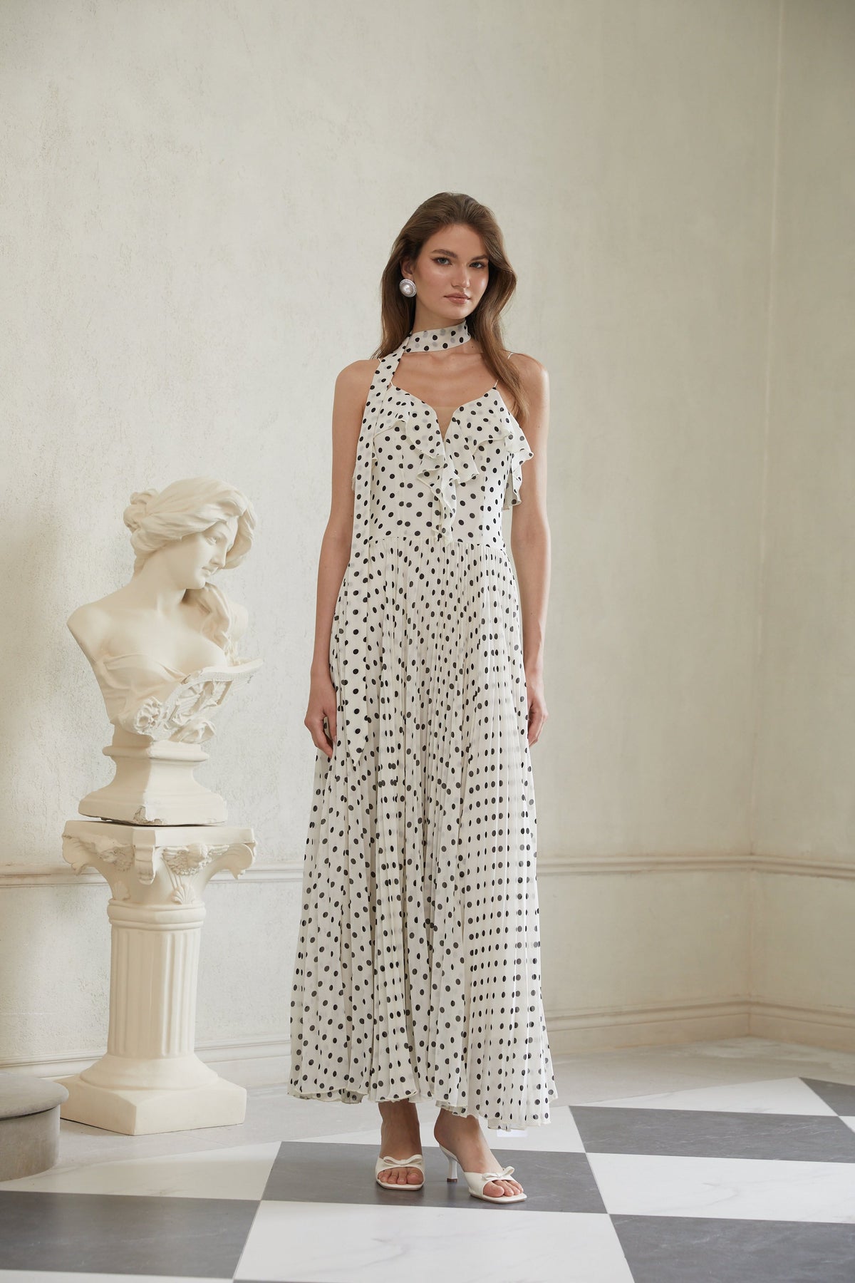 Persephone White Polka Dot Pleated Maxi Dress