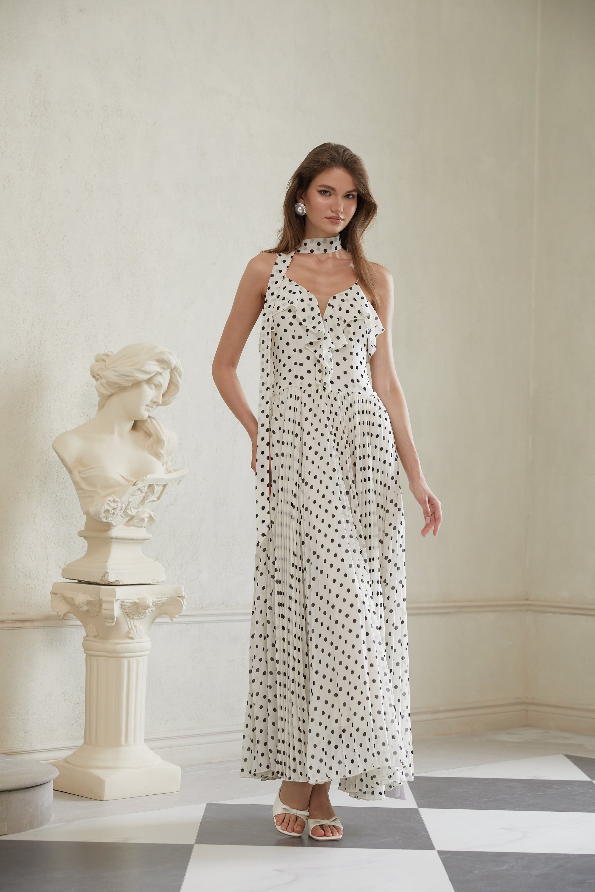 Persephone White Polka Dot Pleated Maxi Dress
