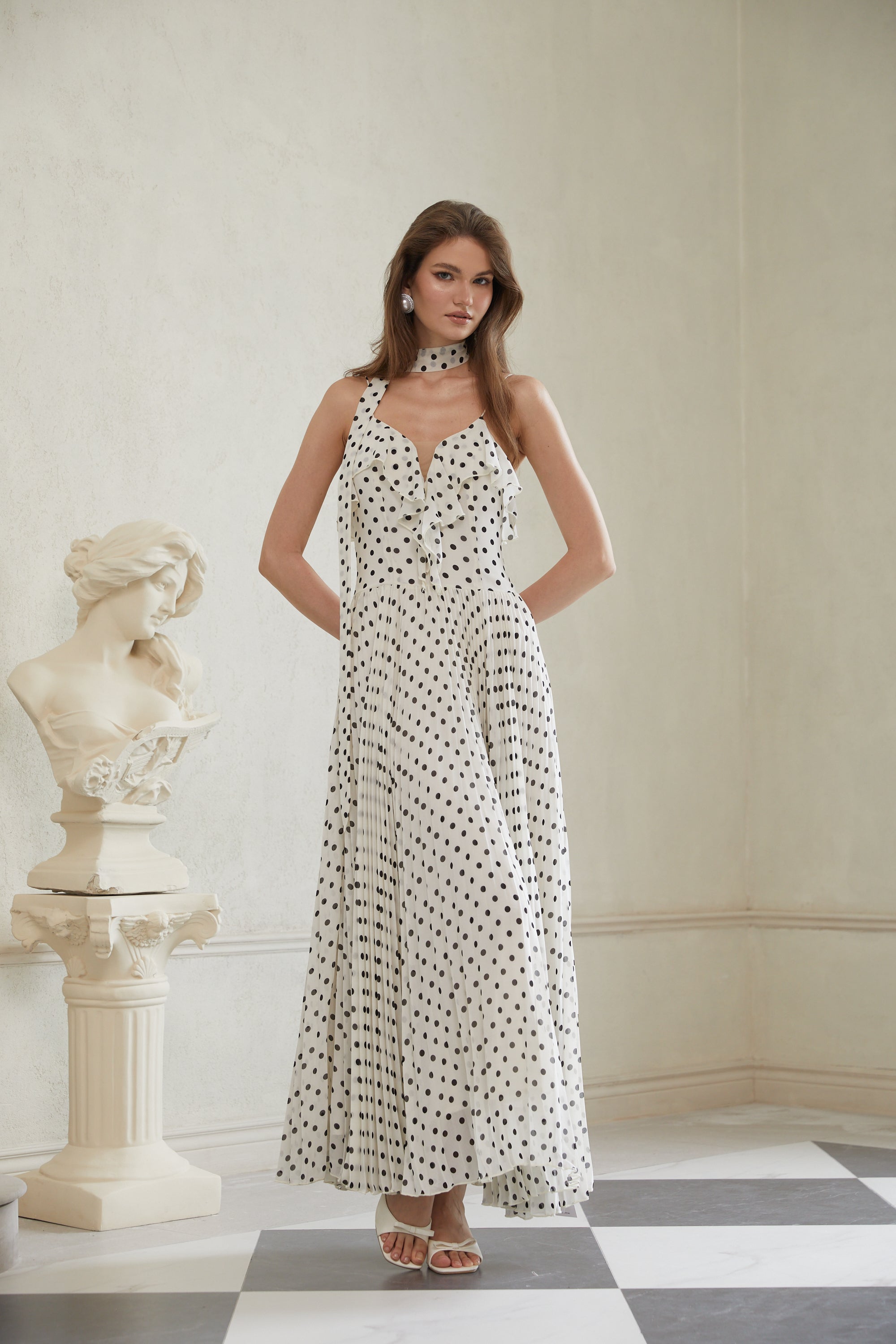 Persephone White Polka Dot Pleated Maxi Dress