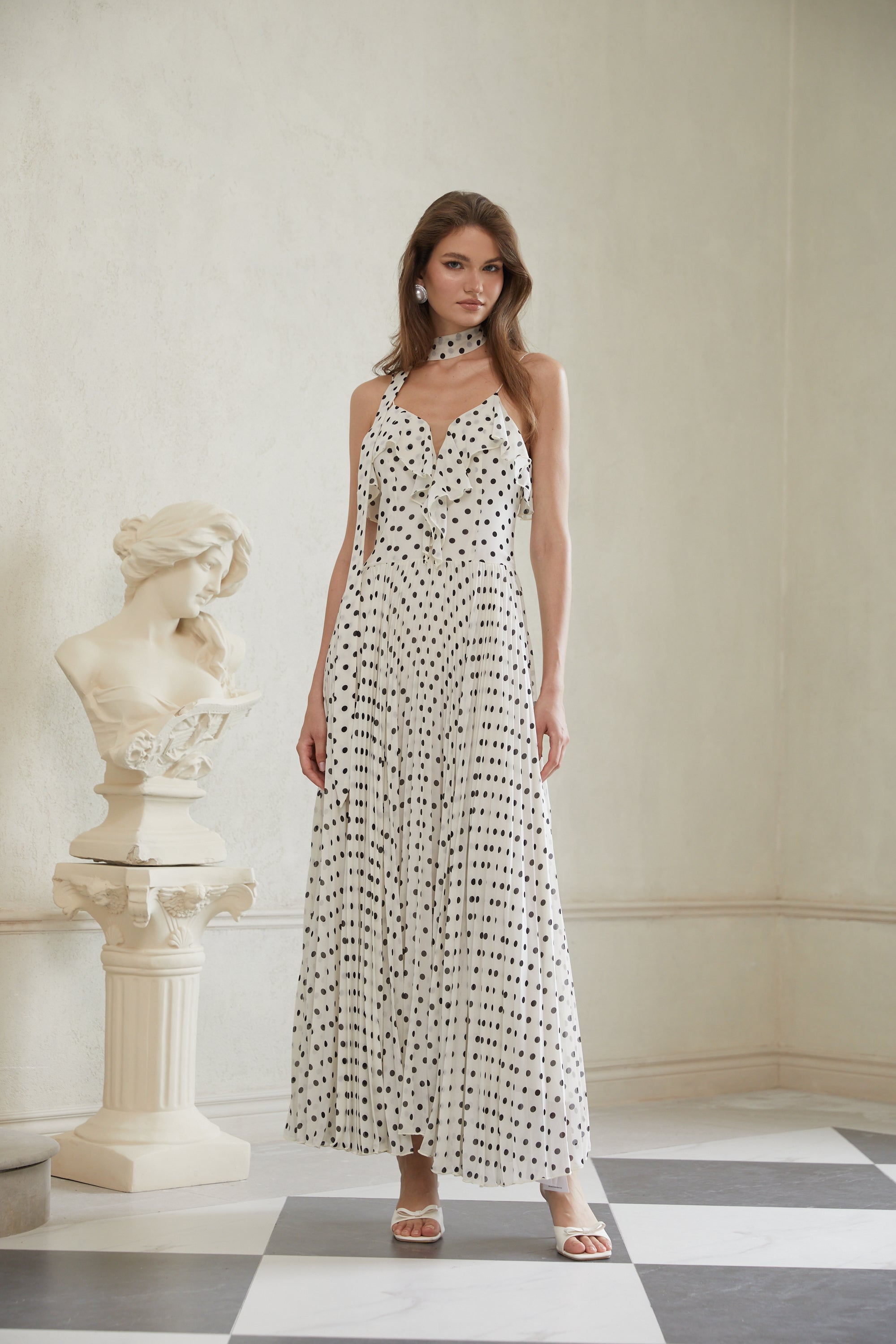 Persephone White Polka Dot Pleated Maxi Dress