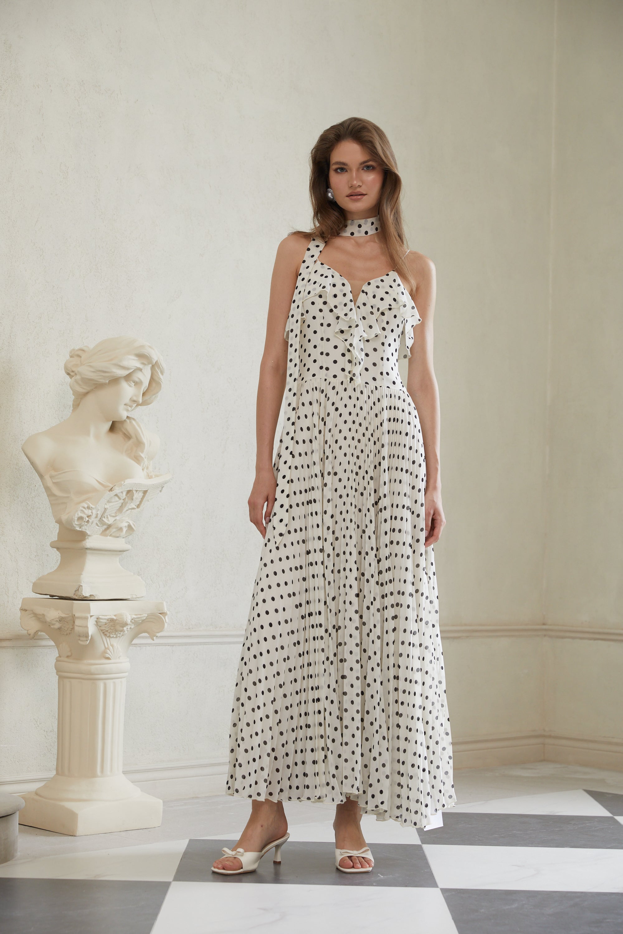 Persephone White Polka Dot Pleated Maxi Dress