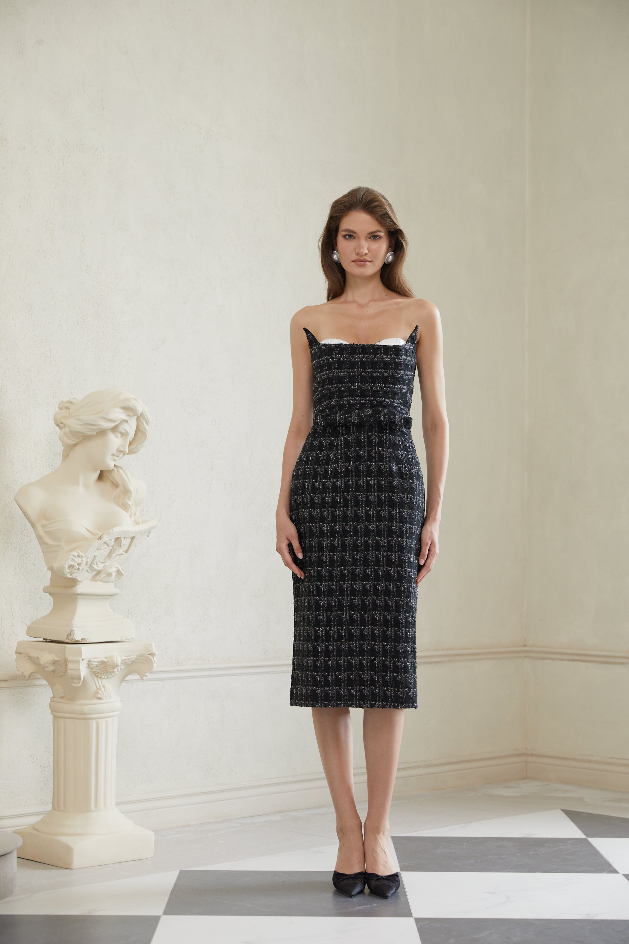 Rauha Black Plaid Weave Tweed Midi Dress