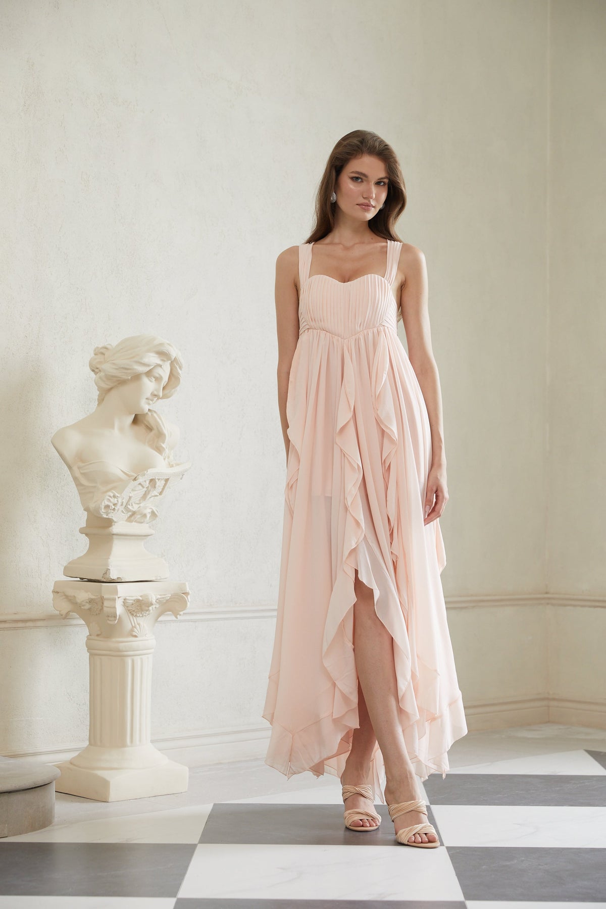 Eos Pink Ruffled Chiffon Maxi Dress