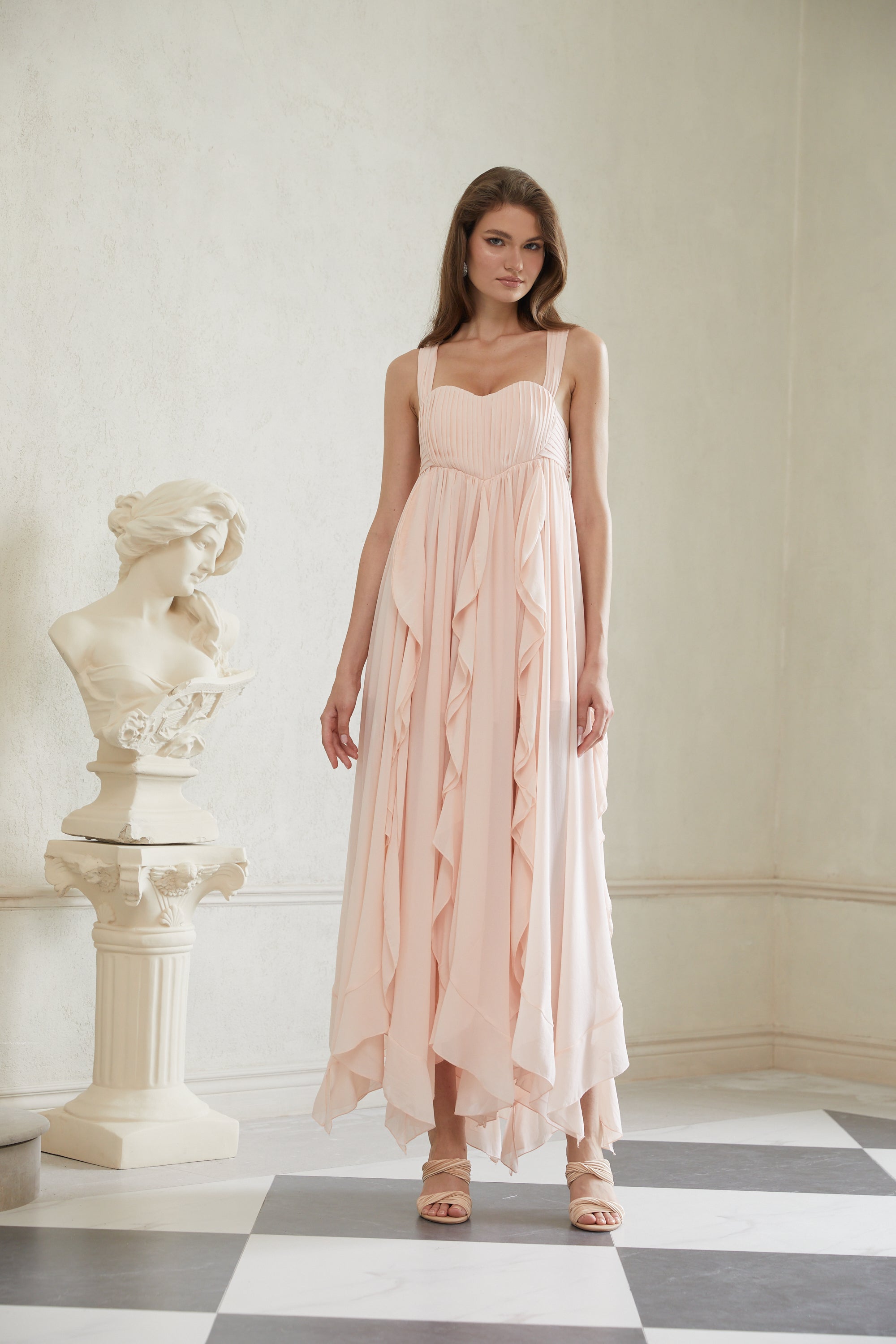 Eos Pink Ruffled Chiffon Maxi Dress