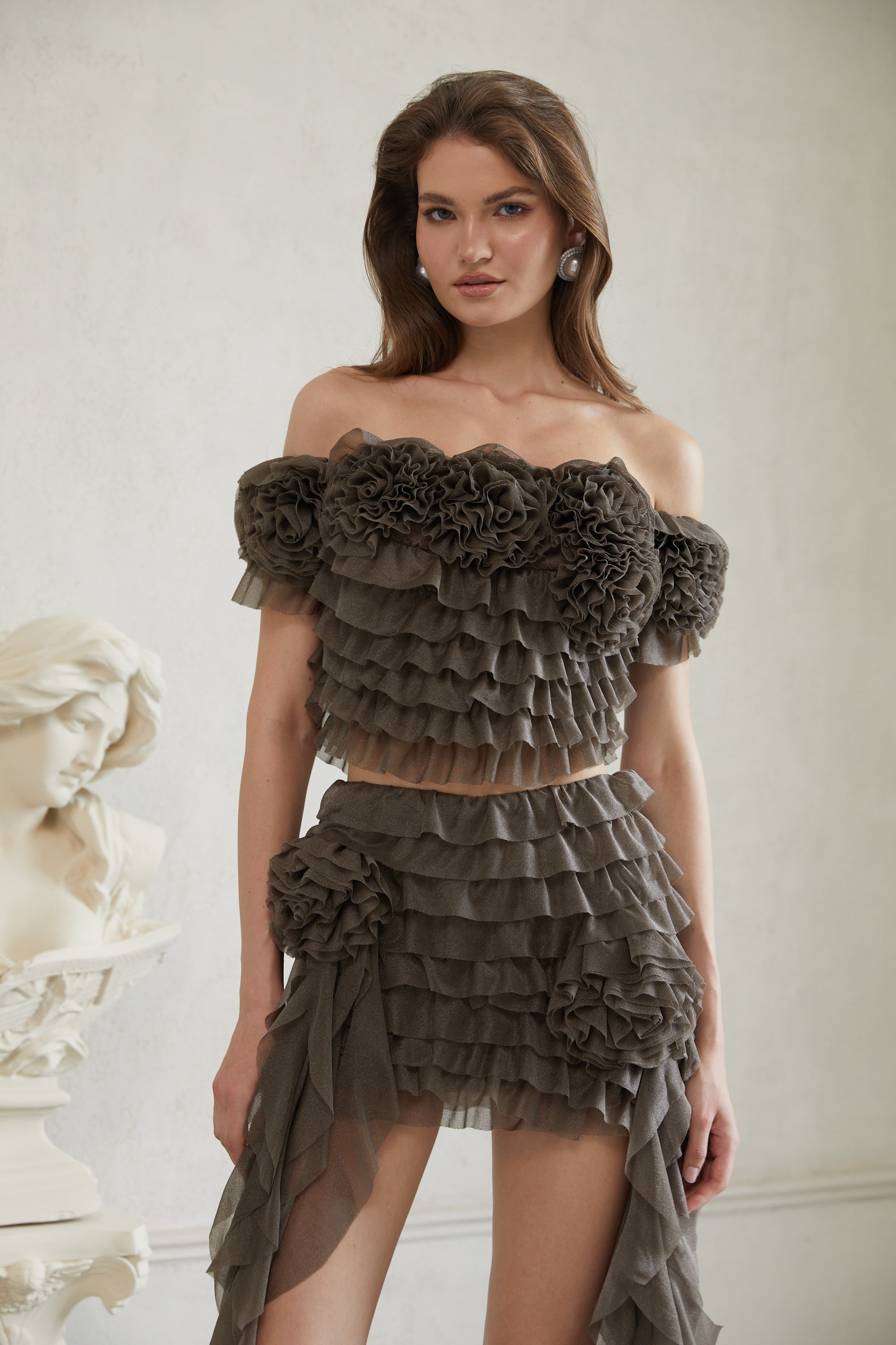 Eini Grey Ruffled Tulle Top & Skirt Set