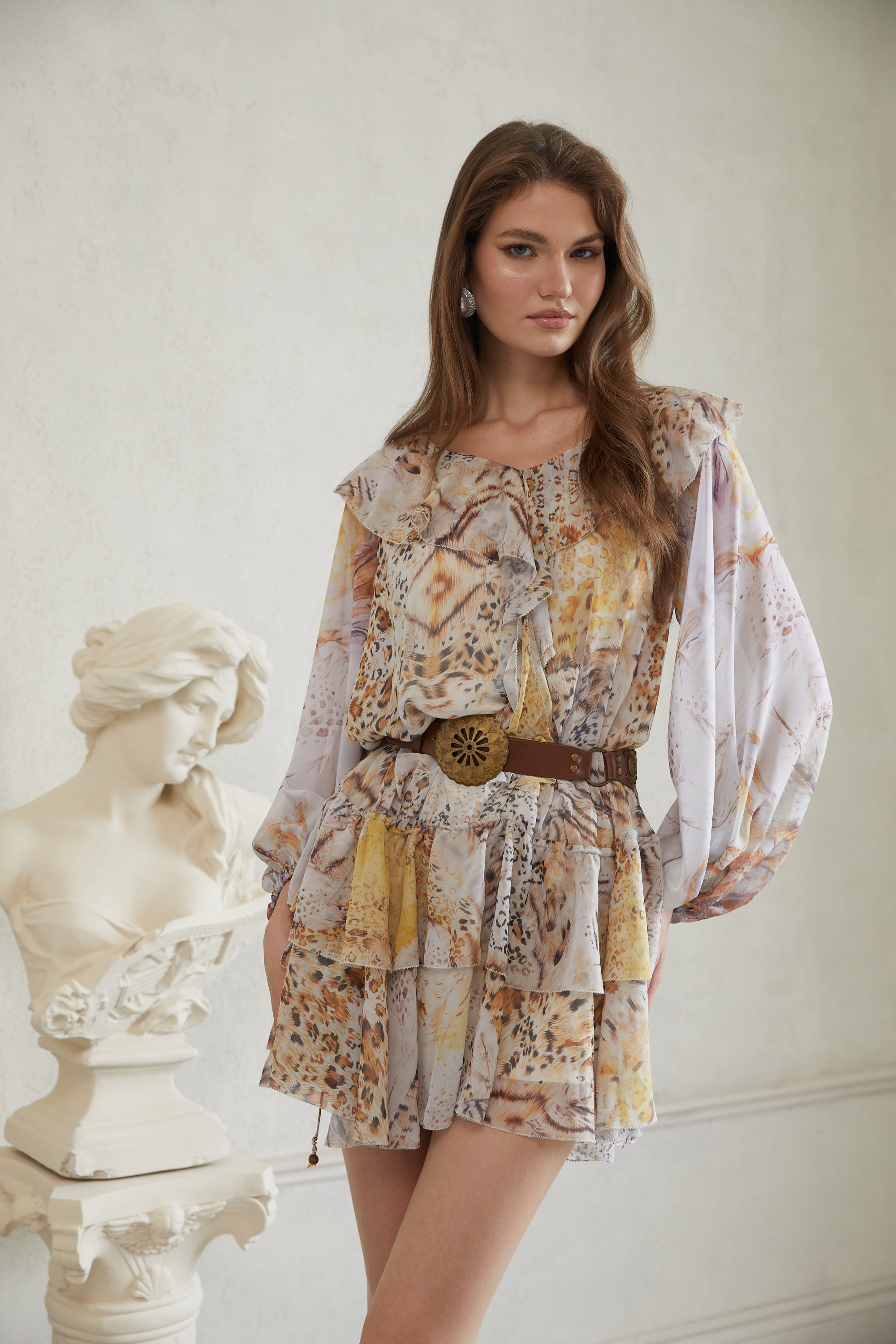 Faustine Grey Leopard Print Chiffon Mini Dress