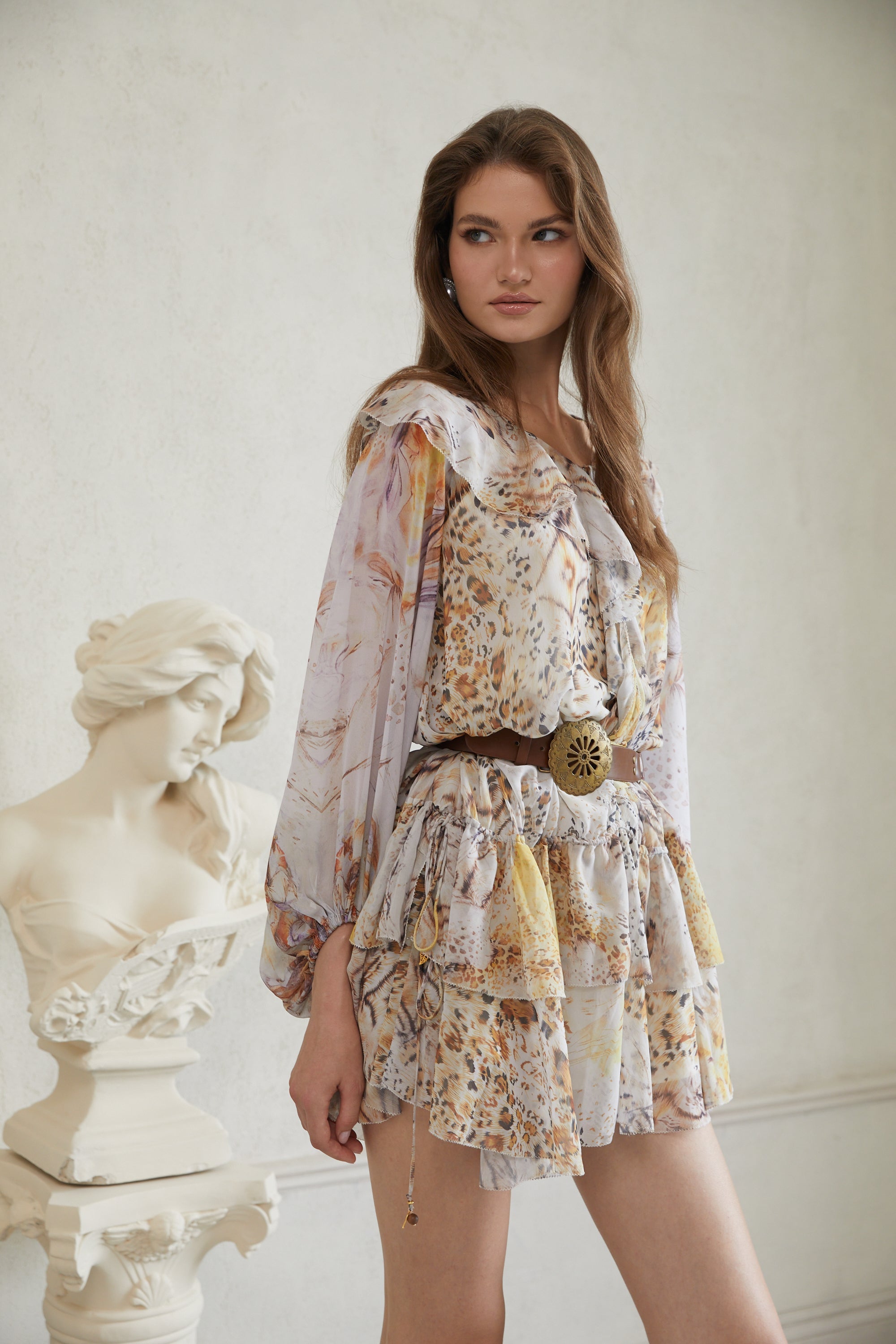 Faustine Grey Leopard Print Chiffon Mini Dress