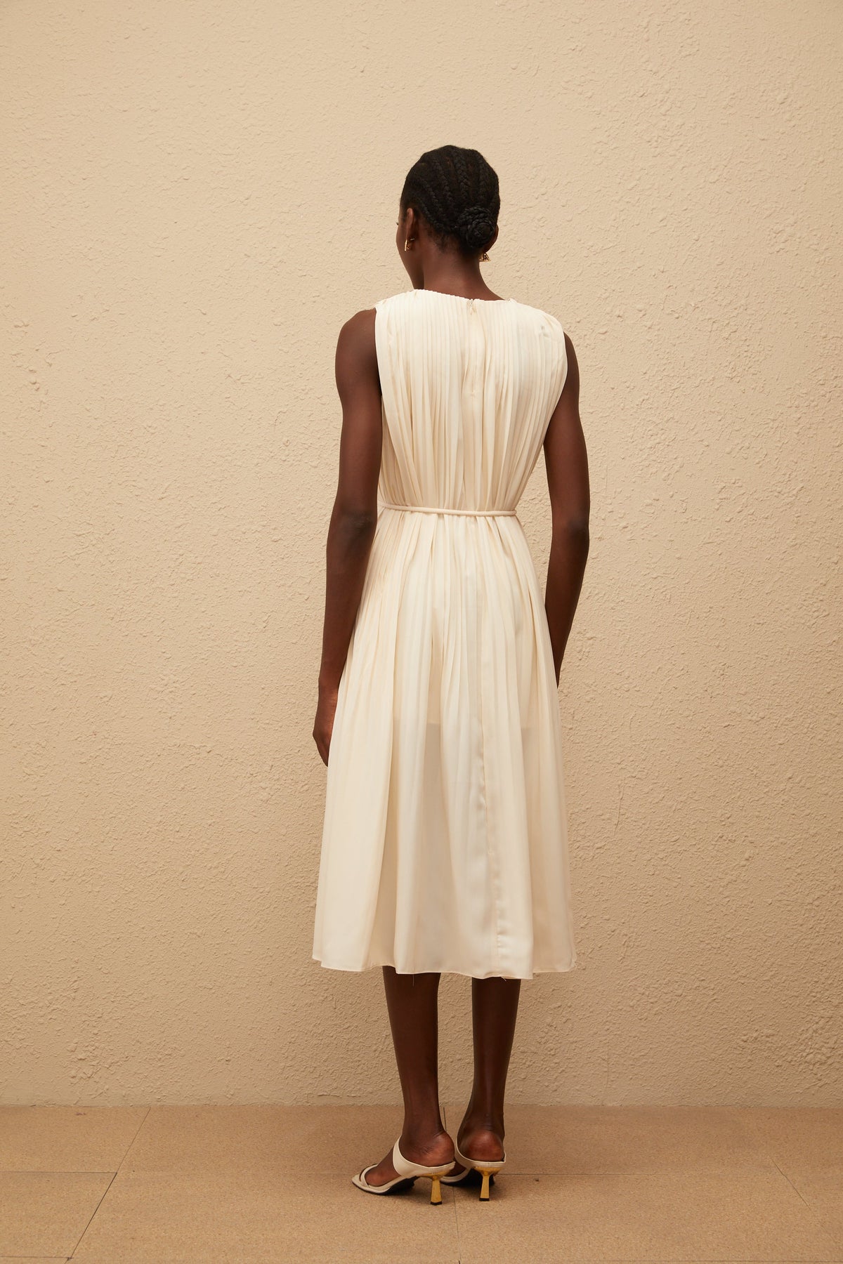 Célestine Neutral Sleeveless Pleated Midi Dress (Final Sale)