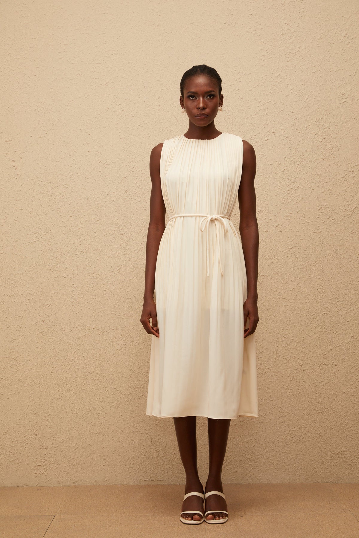 Célestine Neutral Sleeveless Pleated Midi Dress (Final Sale)