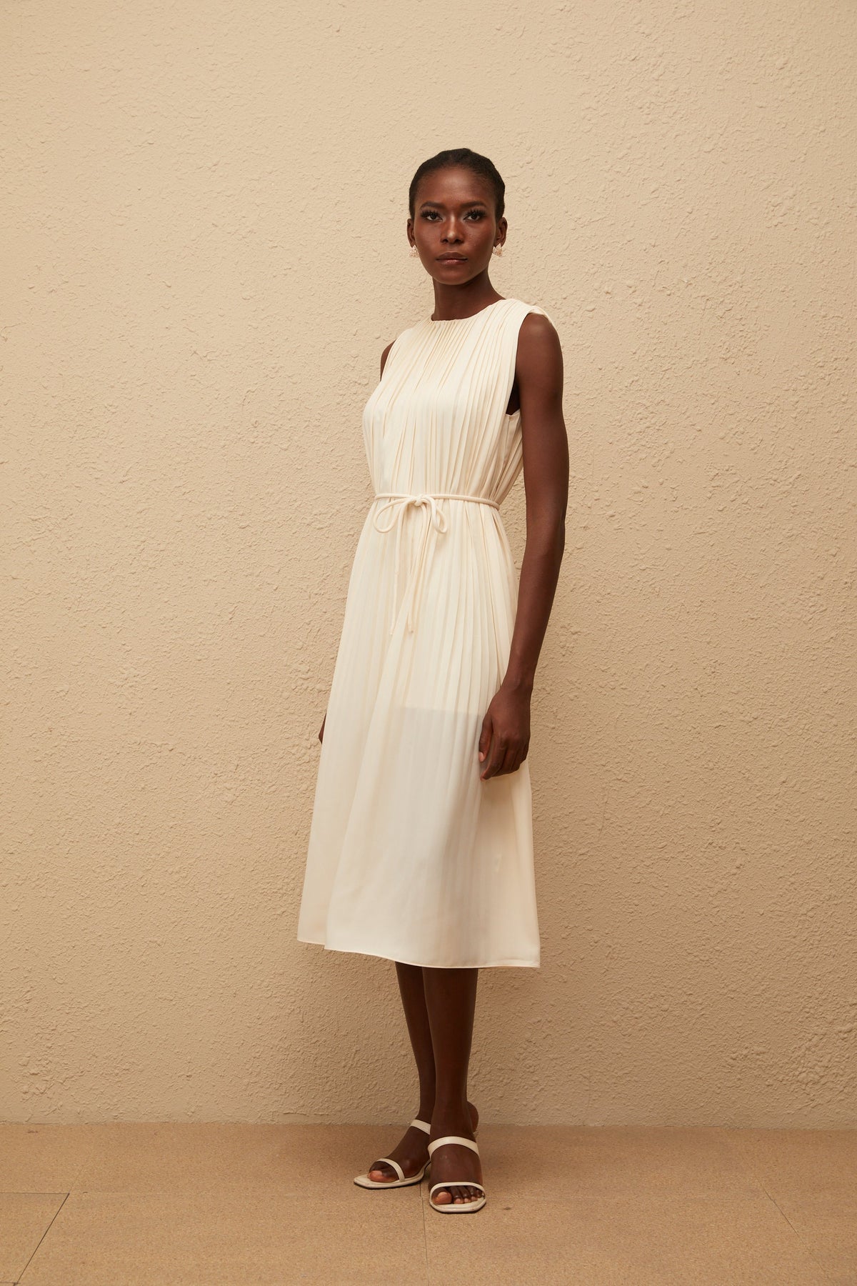 Célestine Neutral Sleeveless Pleated Midi Dress (Final Sale)
