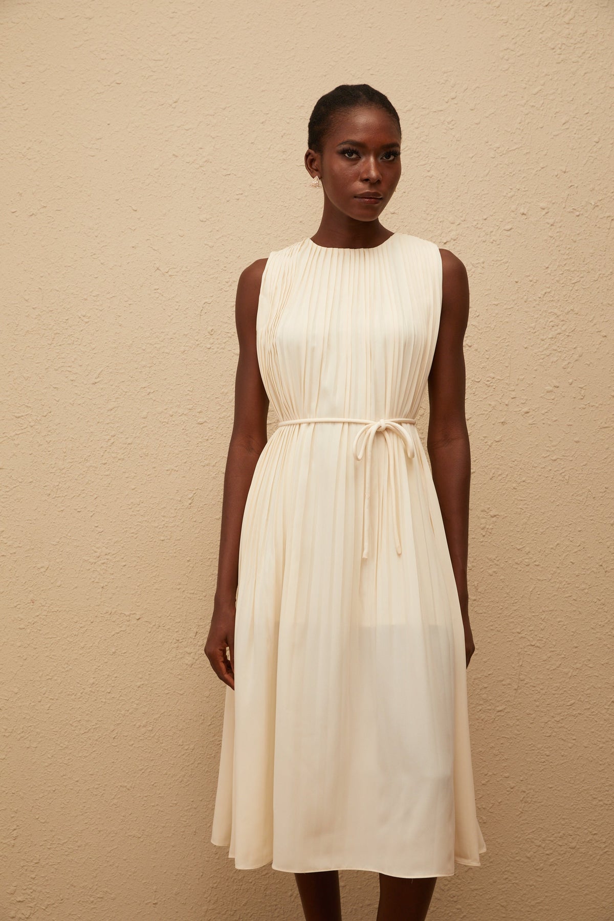 Célestine Neutral Sleeveless Pleated Midi Dress (Final Sale)
