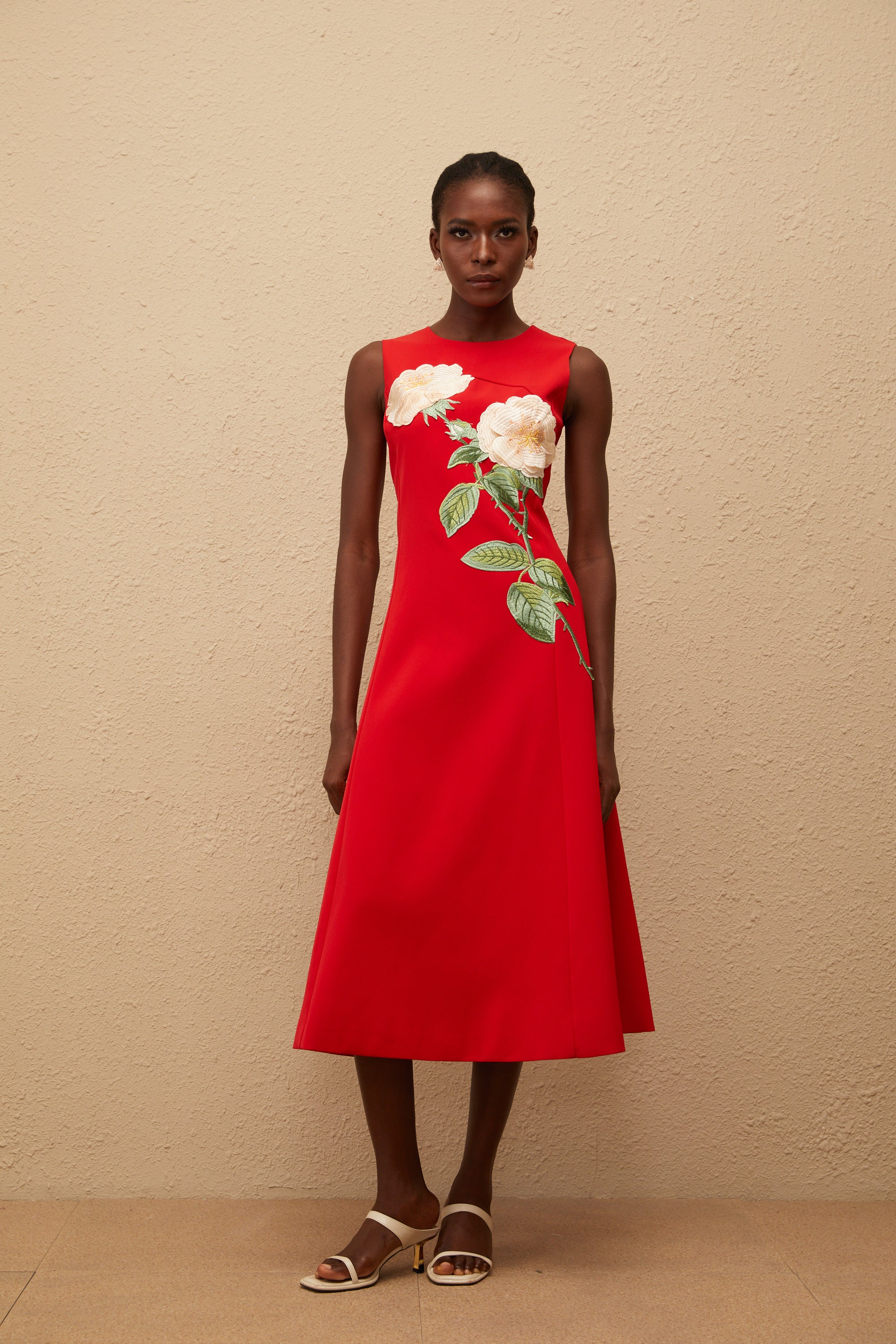 Mackenzie Red Floral Embroidered Midi Dress