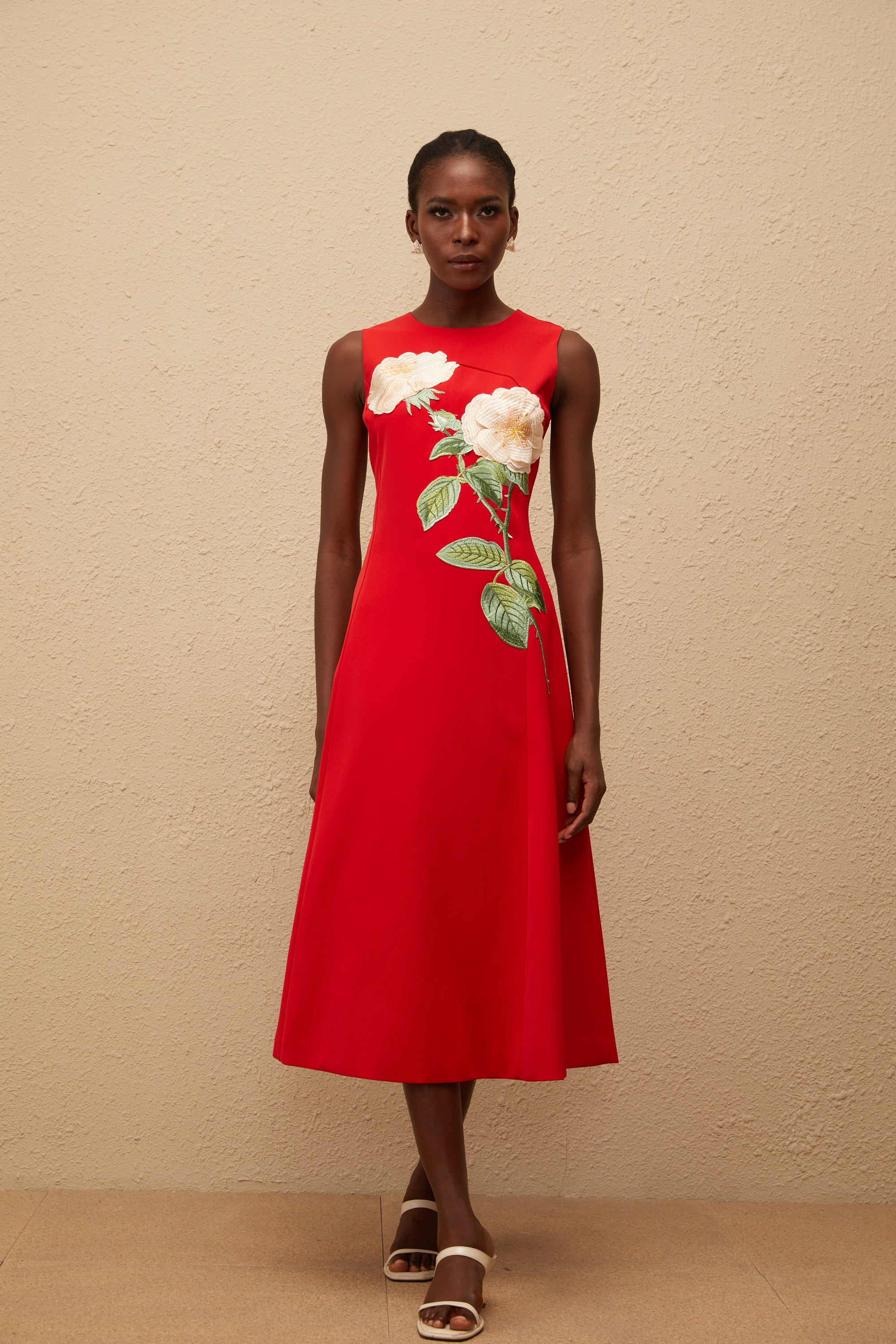 Mackenzie Red Floral Embroidered Midi Dress