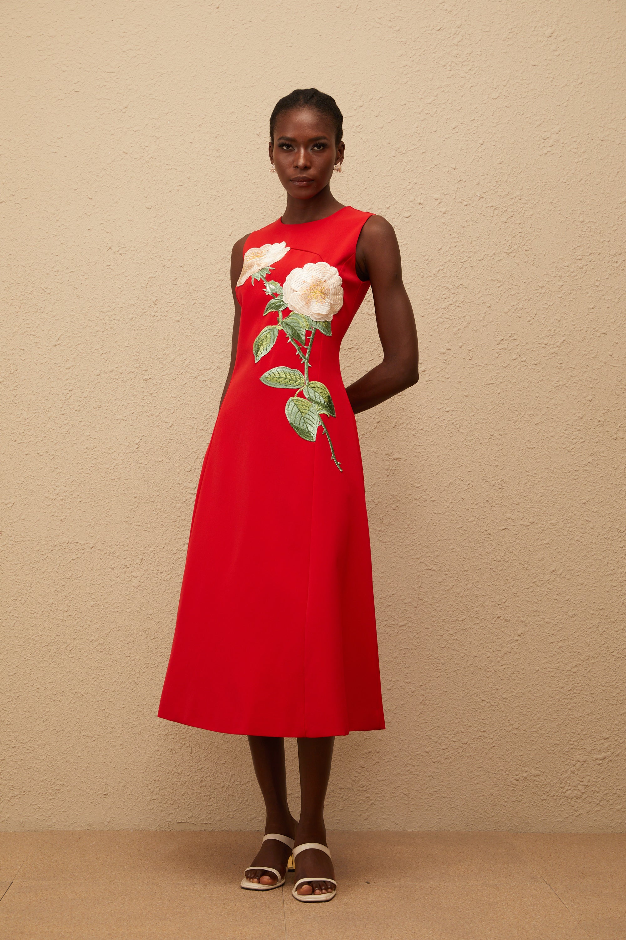 Mackenzie Red Floral Embroidered Midi Dress