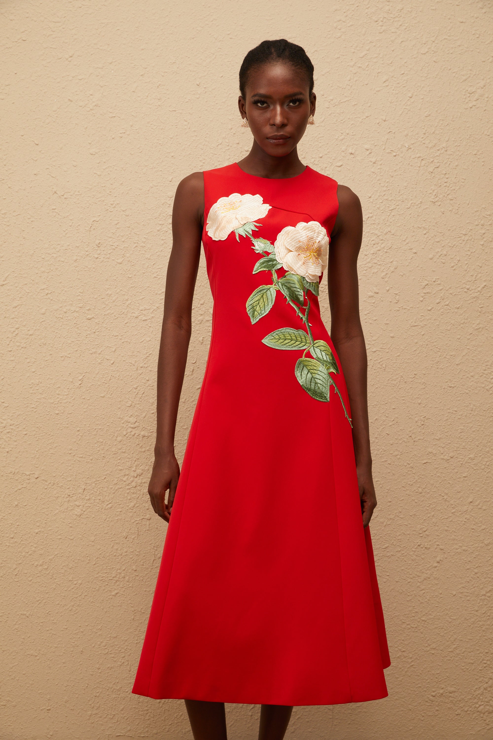 Mackenzie Red Floral Embroidered Midi Dress