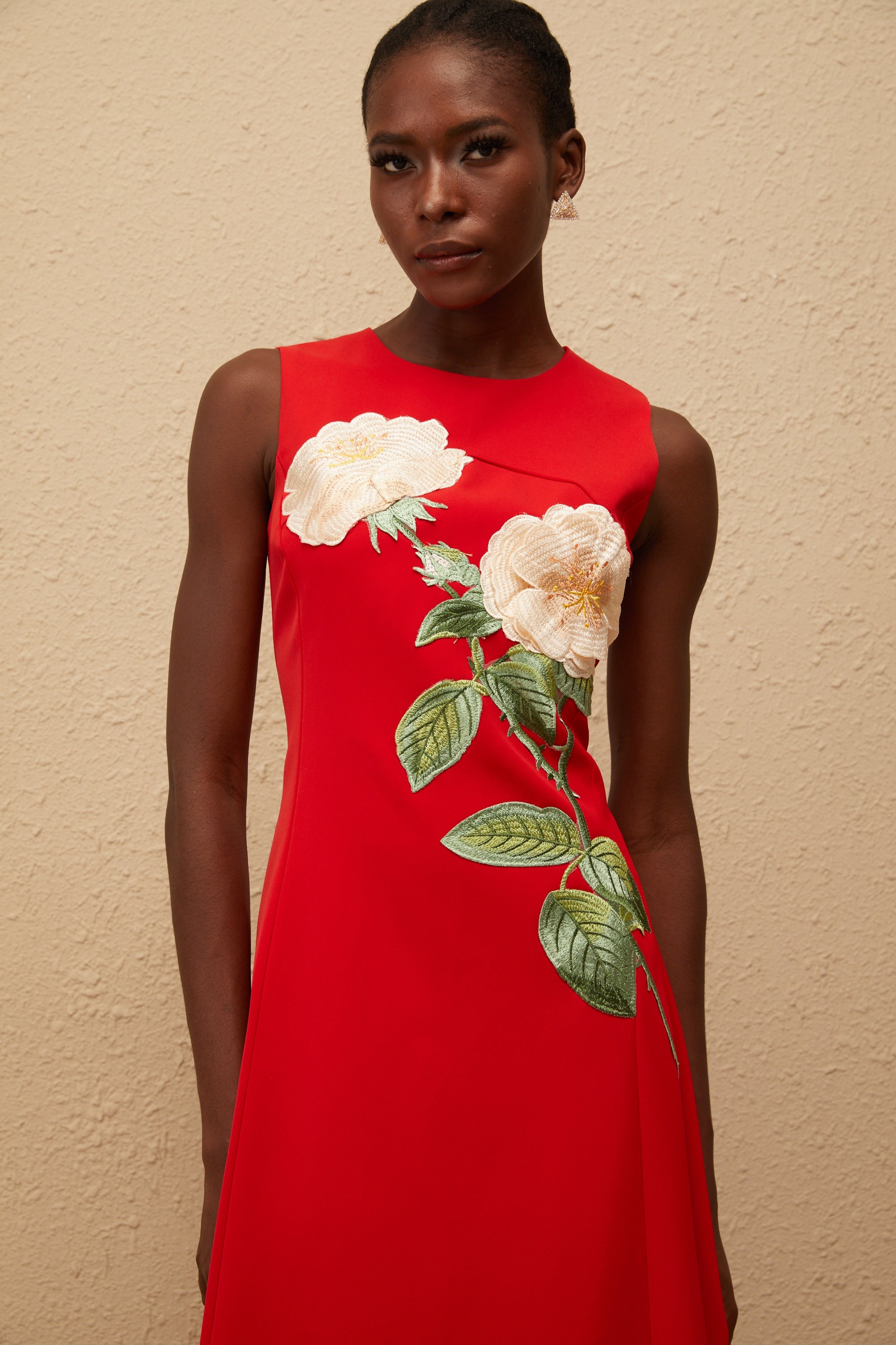Mackenzie Red Floral Embroidered Midi Dress