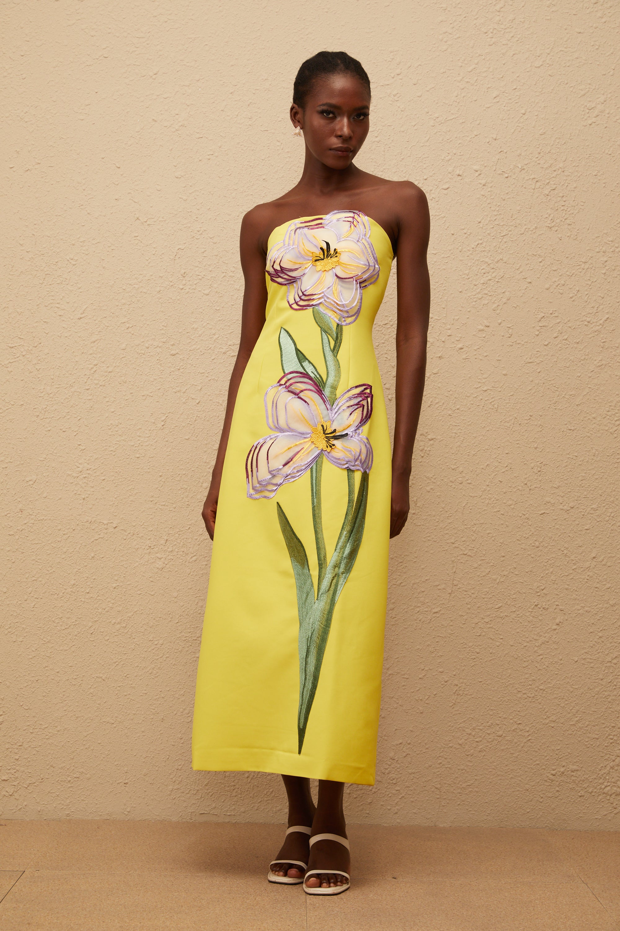 Irène Sequin Embroidered Off-Shoulder Midi Dress in Yellow