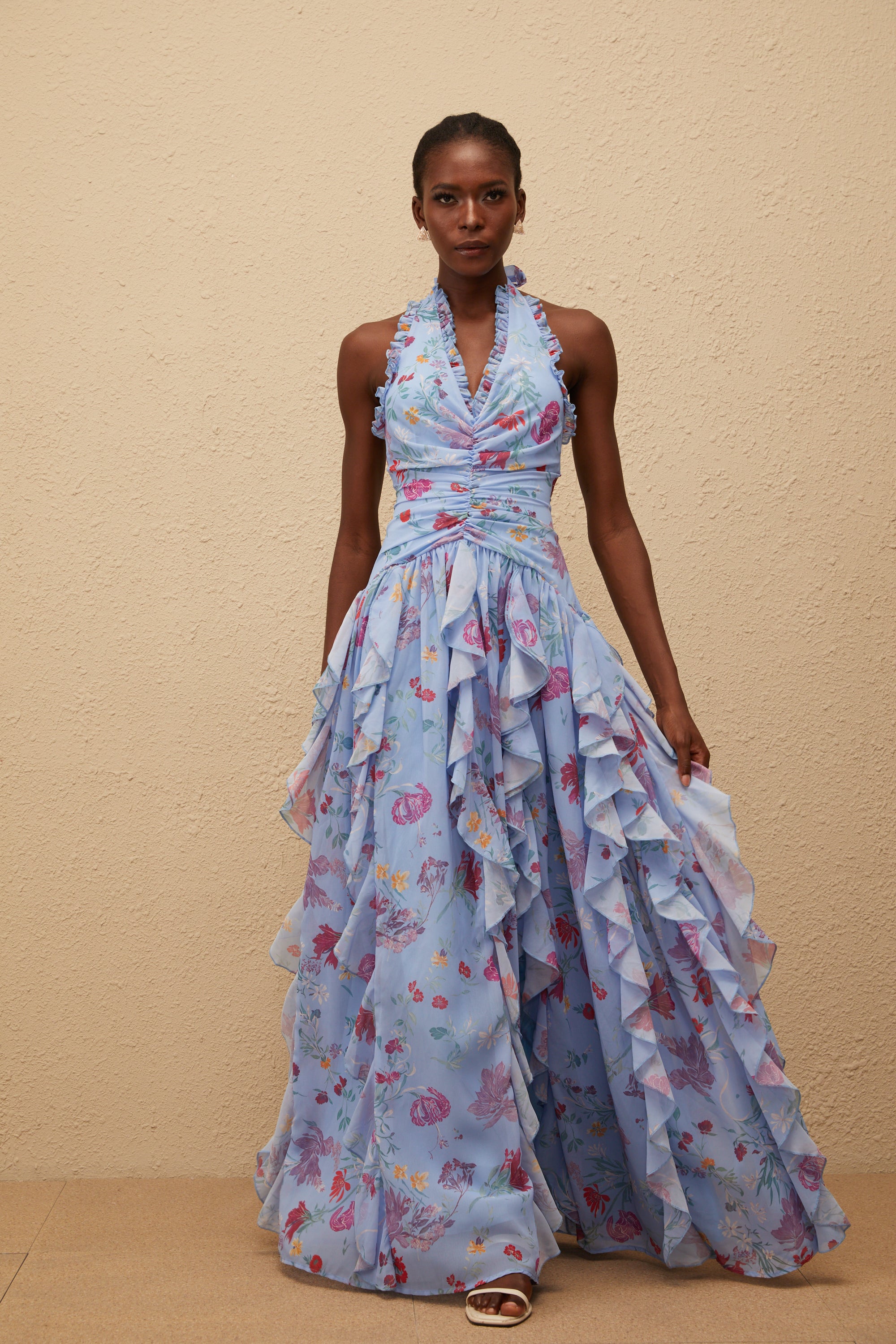 Thaïs Blue Ruffled Floral Print Maxi Dress (Final Sale-US Only)