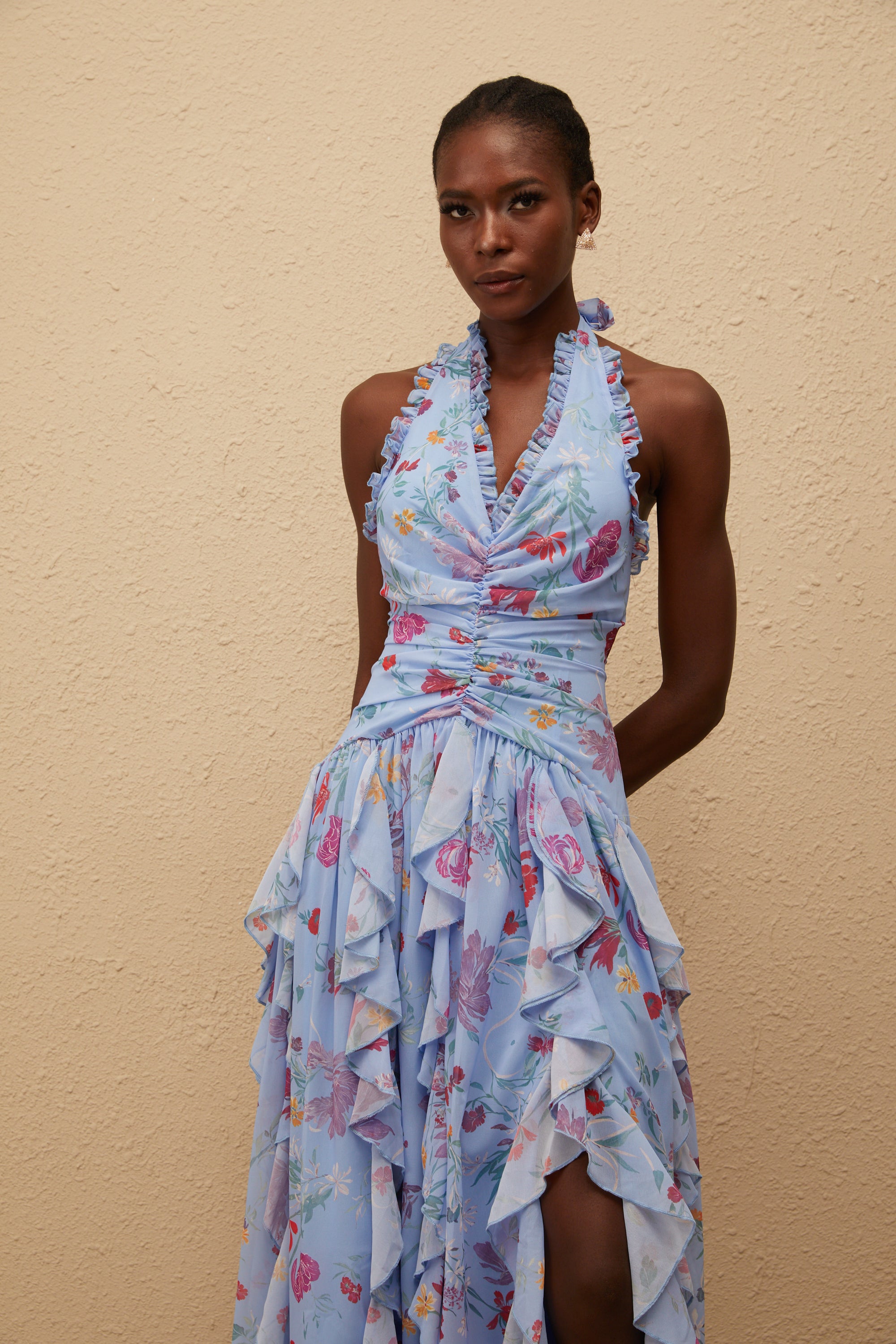 Thaïs Blue Ruffled Floral Print Maxi Dress (Final Sale-US Only)