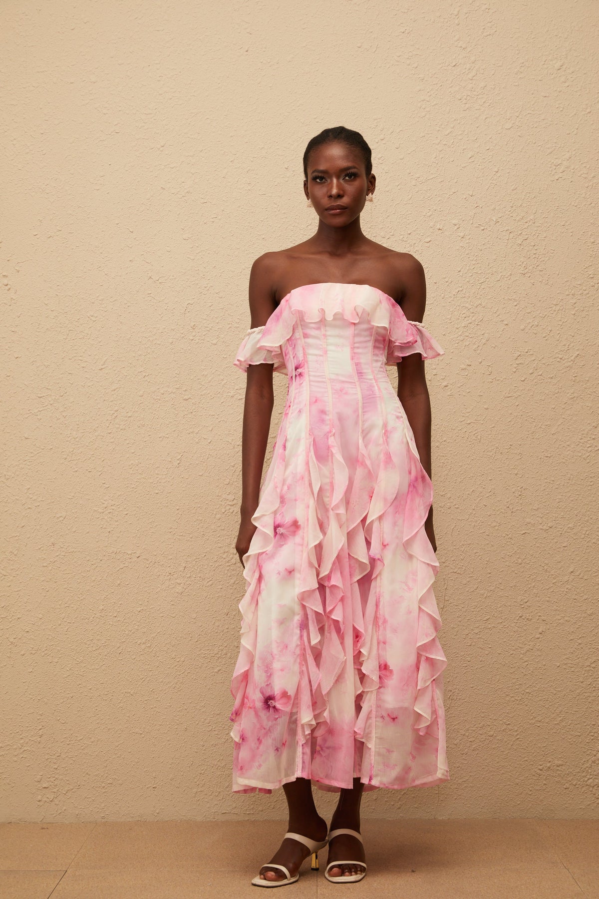 Fleur Pink Ruffled Floral Print Maxi Dress
