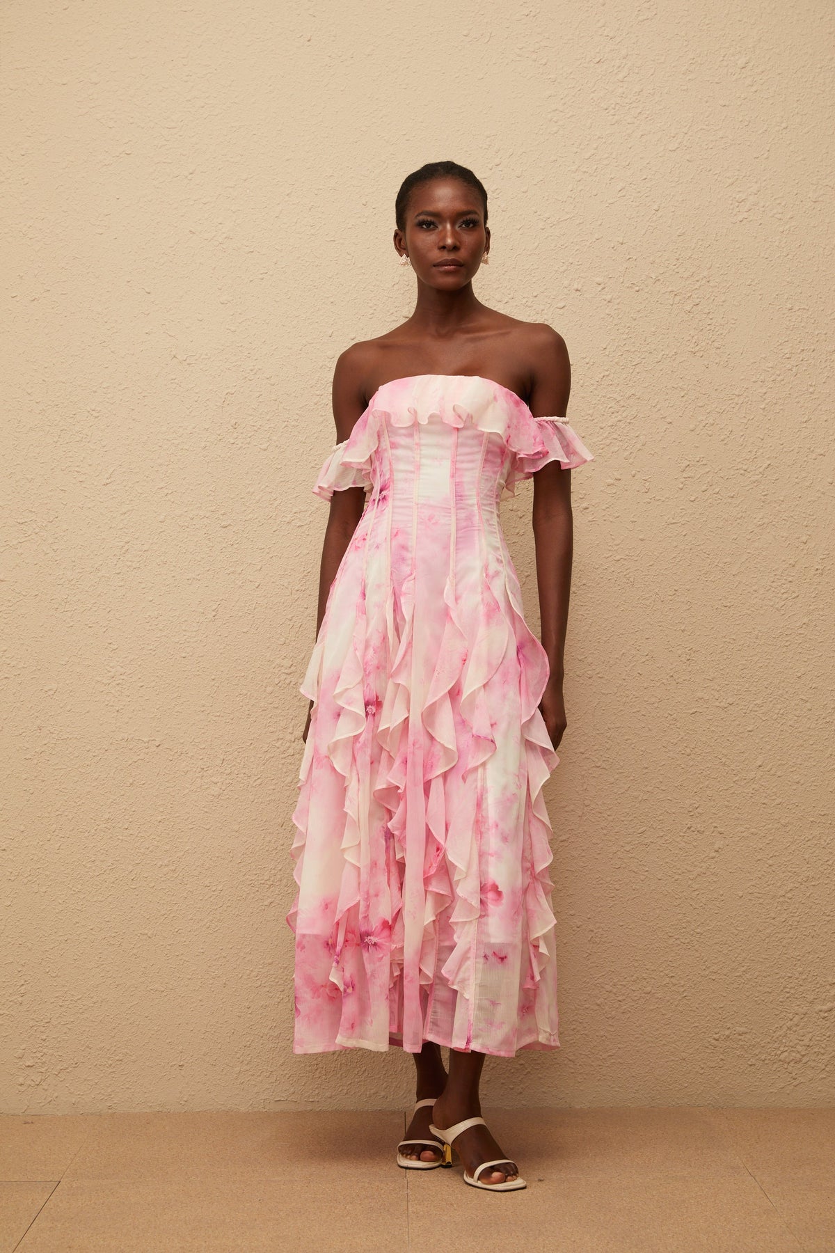 Fleur Pink Ruffled Floral Print Maxi Dress